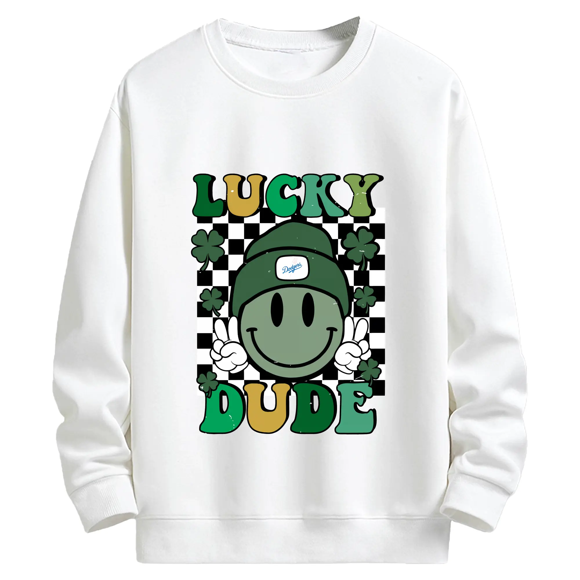 Happy Face Lucky Dude Los Angeles Dodgers - Kids Crewneck Sweatshirt With Front Heat Transfer Print – 80% Cotton 20% Polyester – Soft, Durable & Comfortable – Ideal For Sports, Casual Wear & Everyday Activities