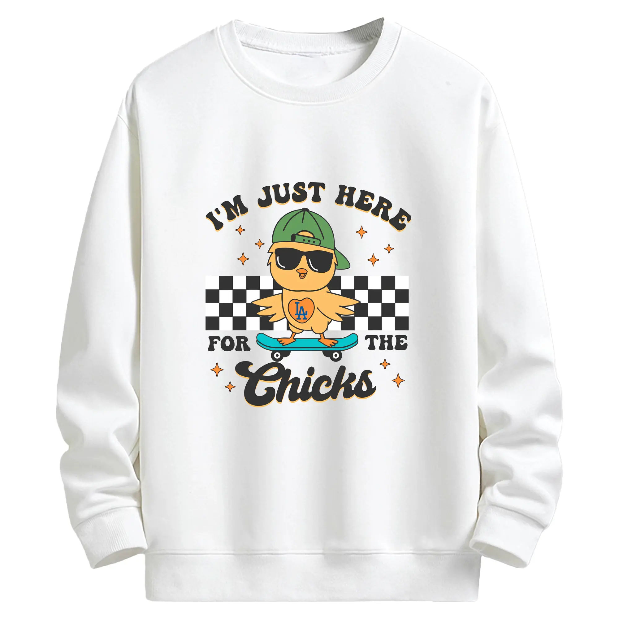 Im Just Here For The Chicks Los Angeles Dodgers - Kids Crewneck Sweatshirt With Front Heat Transfer Print – 80% Cotton 20% Polyester – Soft, Durable & Comfortable – Ideal For Sports, Casual Wear & Everyday Activities