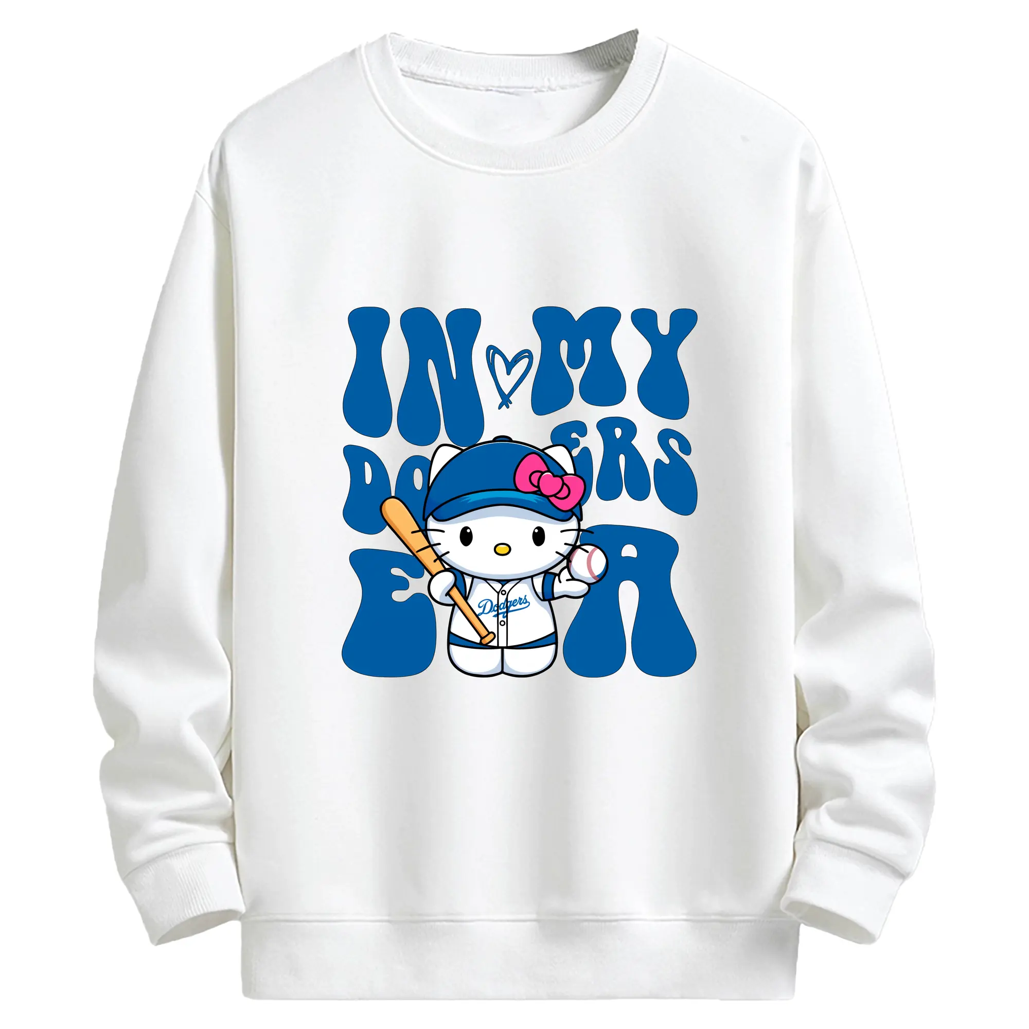 In My Dodgers Era Hello Kitty Baseball - Kids Crewneck Sweatshirt With Front Heat Transfer Print – 80% Cotton 20% Polyester – Soft, Durable & Comfortable – Ideal For Sports, Casual Wear & Everyday Activities
