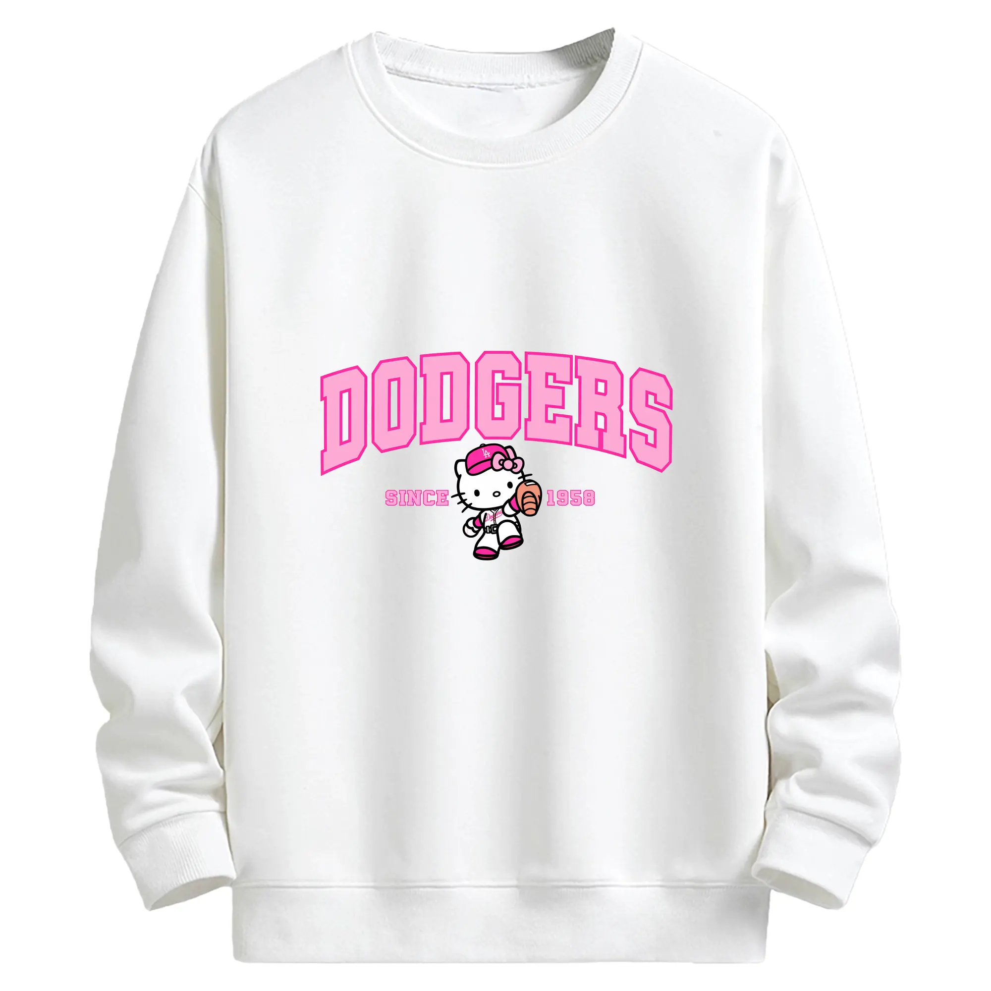 Pink Baseball Hello Kitty Dodgers - Kids Crewneck Sweatshirt With Front Heat Transfer Print – 80% Cotton 20% Polyester – Soft, Durable & Comfortable – Ideal For Sports, Casual Wear & Everyday Activities