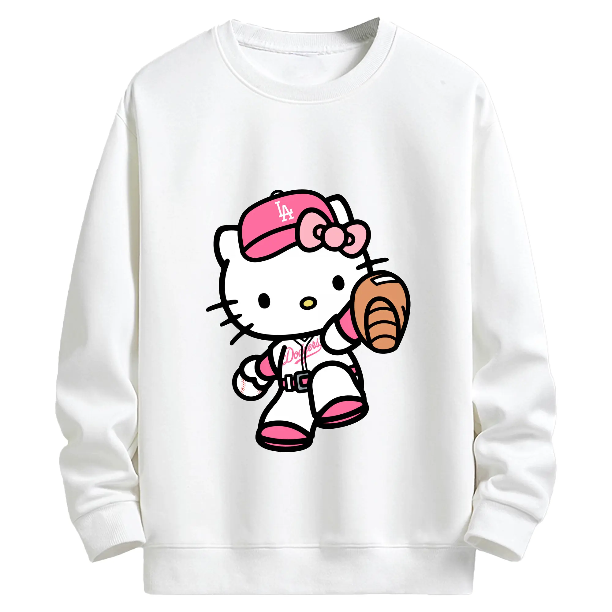 Pink Hello Kitty Play Baseball Los Angeles Dodgers - Kids Crewneck Sweatshirt With Front Heat Transfer Print – 80% Cotton 20% Polyester – Soft, Durable & Comfortable – Ideal For Sports, Casual Wear & Everyday Activities