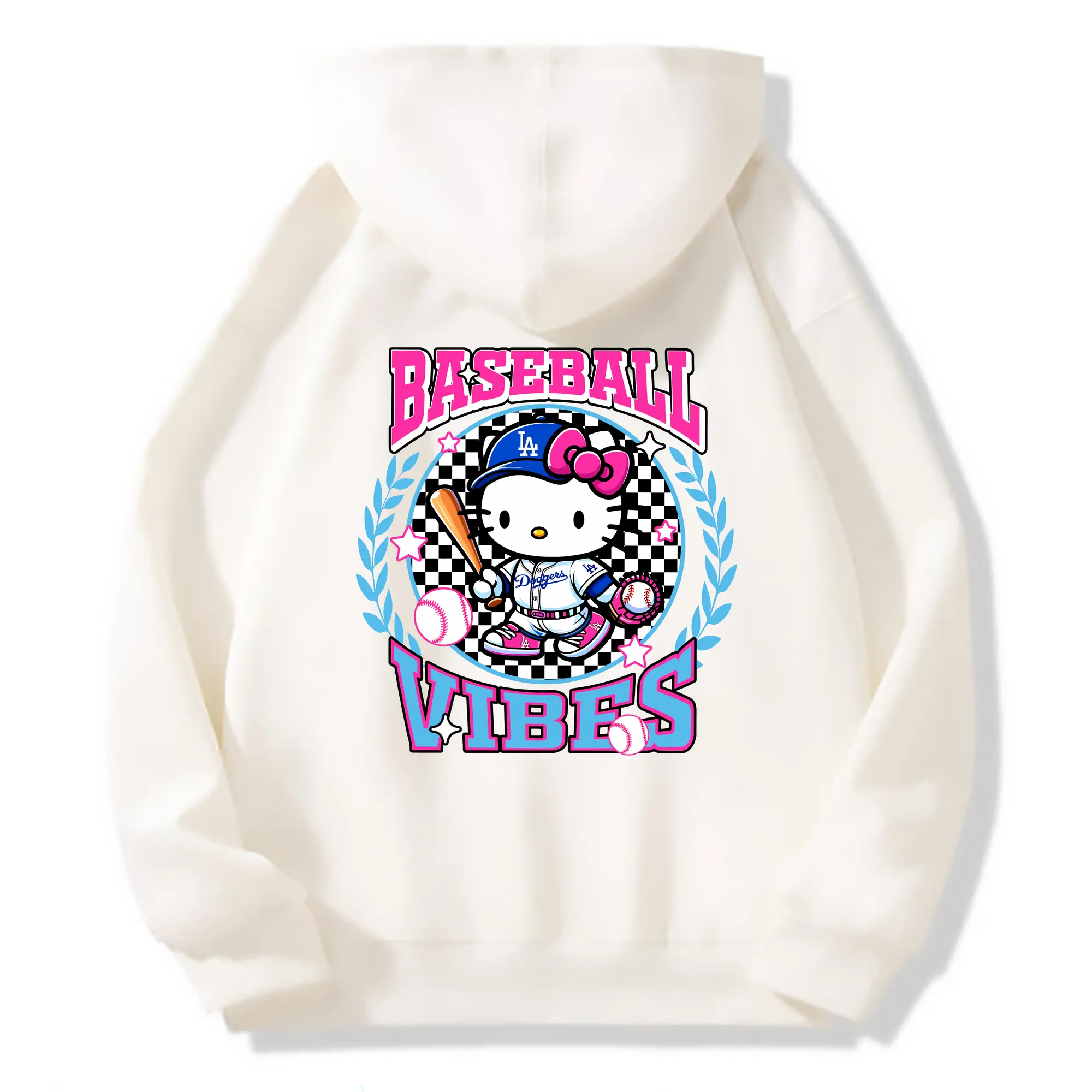 Baseball Vibes Hello Kitty Los Angeles Dodgers - Premium Hoodie With Back Heat Transfer Print – 56.1% Cotton, 43.9% Polyester – Soft, Durable & Stylish – Perfect For Sports, Casual & Everyday Wear