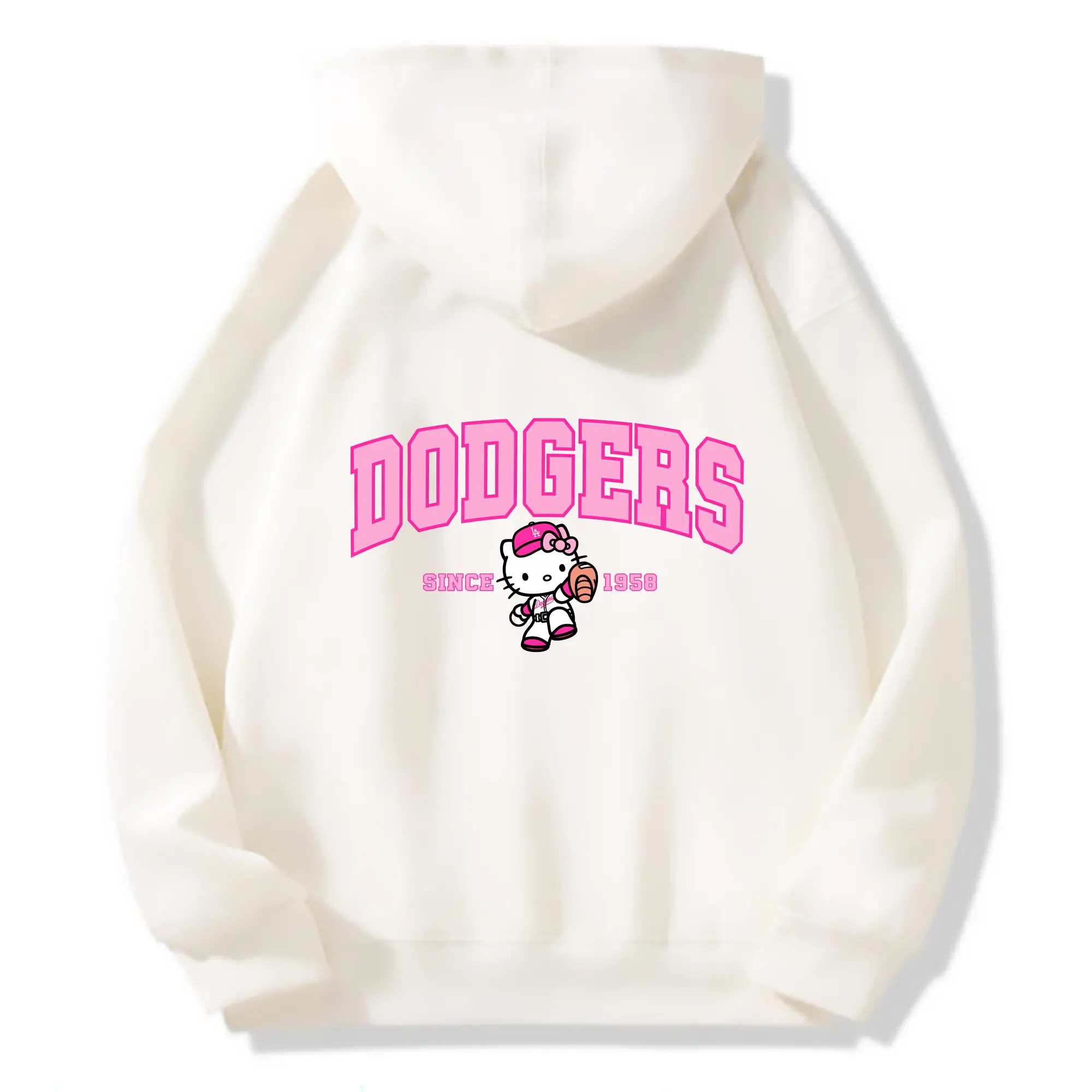 Pink Baseball Hello Kitty Dodgers - Premium Hoodie With Back Heat Transfer Print – 56.1% Cotton, 43.9% Polyester – Soft, Durable & Stylish – Perfect For Sports, Casual & Everyday Wear