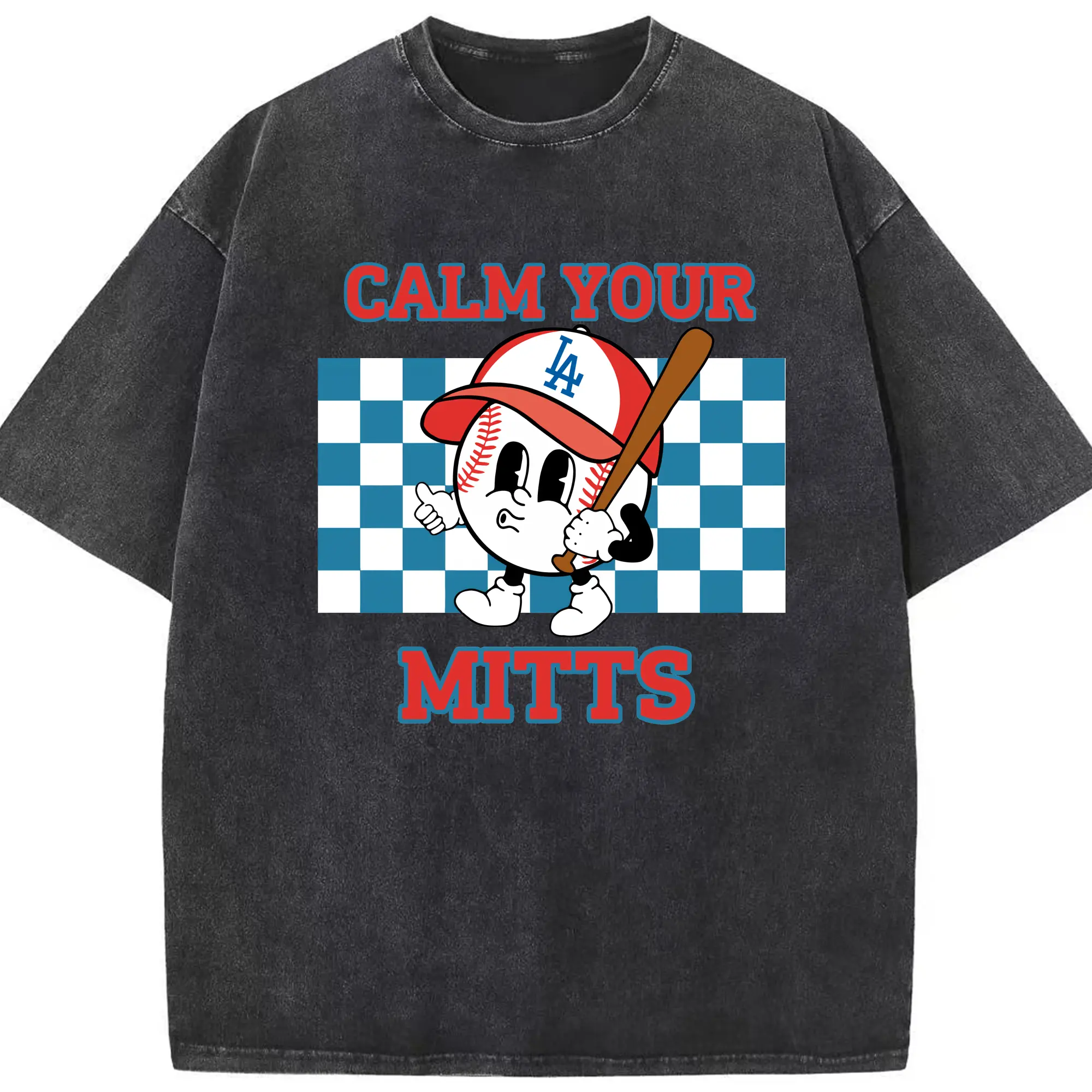 Baseball Calm Your Mitts Los Angeles Dodgers - Washed Vintage Look 230g Cotton Oversized T-Shirt With Front Heat Transfer Print – Soft, Lightweight, Stylish Fit – Comfortable Casual Wear For Sports & Everyday Use