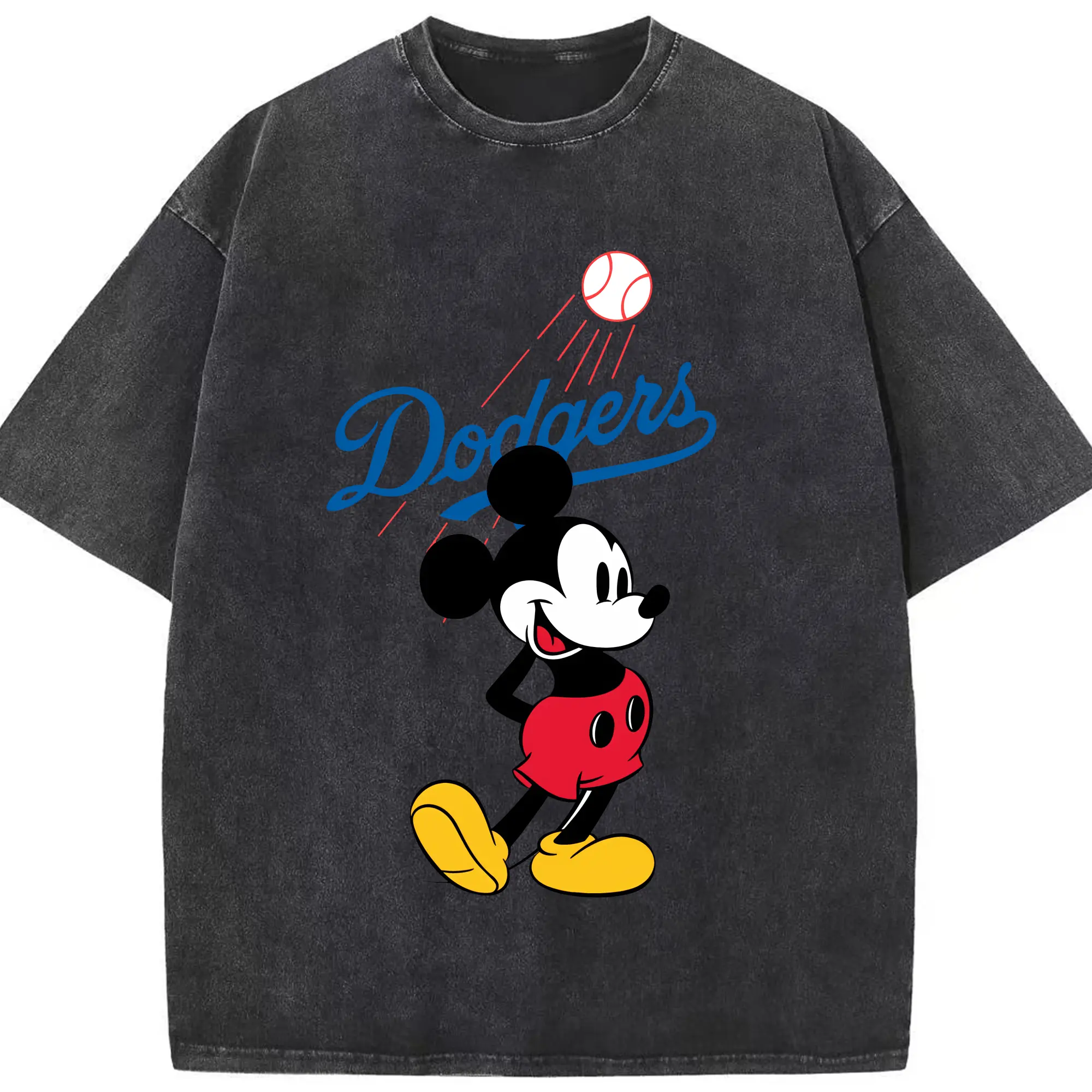 Baseball Mickey Mouse Los Angeles Dodgers - Washed Vintage Look 230g Cotton Oversized T-Shirt With Front Heat Transfer Print – Soft, Lightweight, Stylish Fit – Comfortable Casual Wear For Sports & Everyday Use
