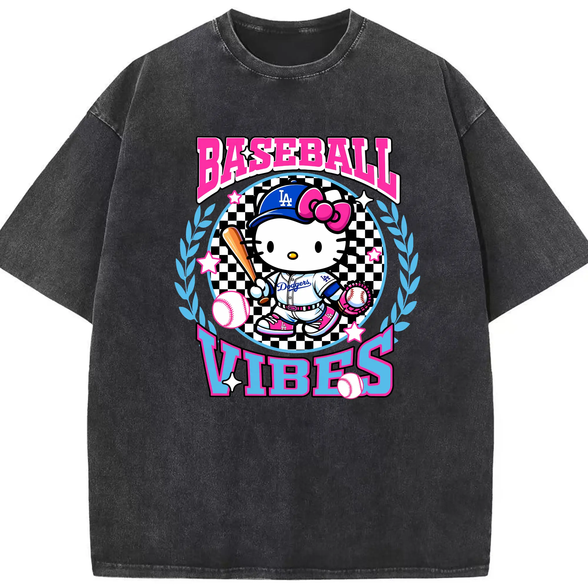 Baseball Vibes Hello Kitty Los Angeles Dodgers - Washed Vintage Look 230g Cotton Oversized T-Shirt With Front Heat Transfer Print – Soft, Lightweight, Stylish Fit – Comfortable Casual Wear For Sports & Everyday Use