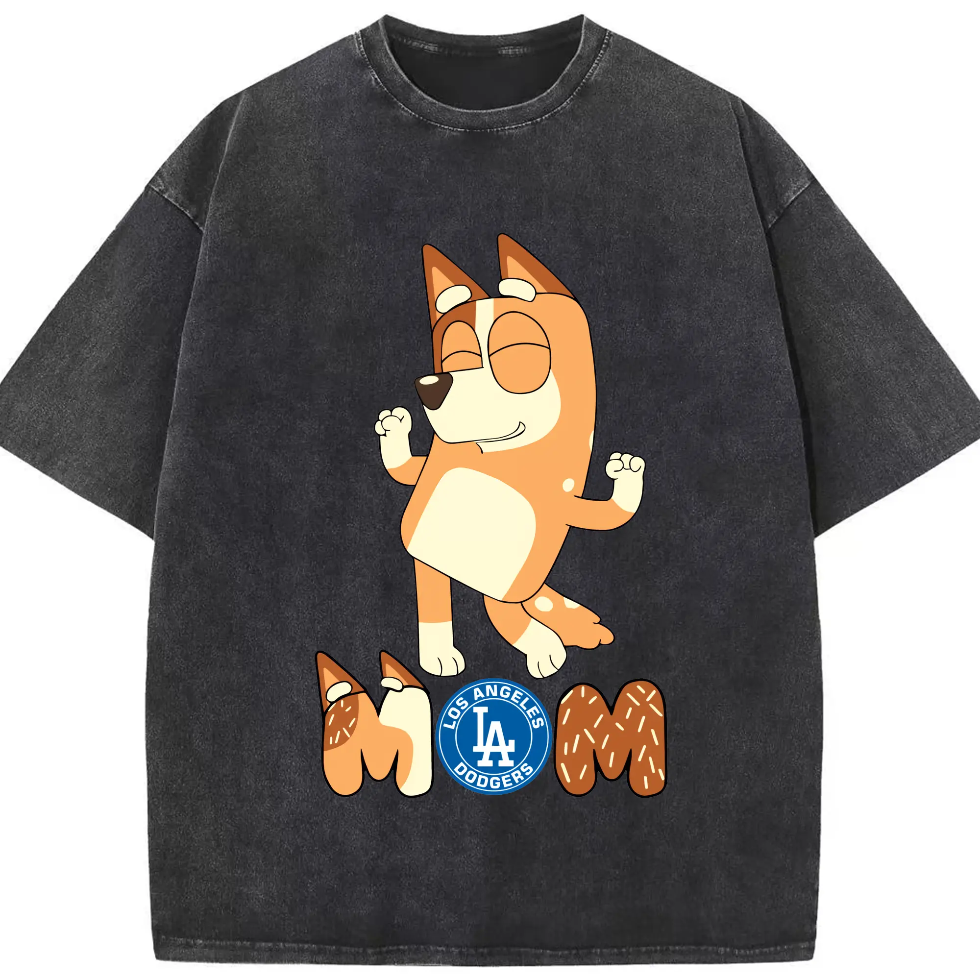 Bluey Mom Los Angeles Dodgers Baseball - Washed Vintage Look 230g Cotton Oversized T-Shirt With Front Heat Transfer Print – Soft, Lightweight, Stylish Fit – Comfortable Casual Wear For Sports & Everyday Use