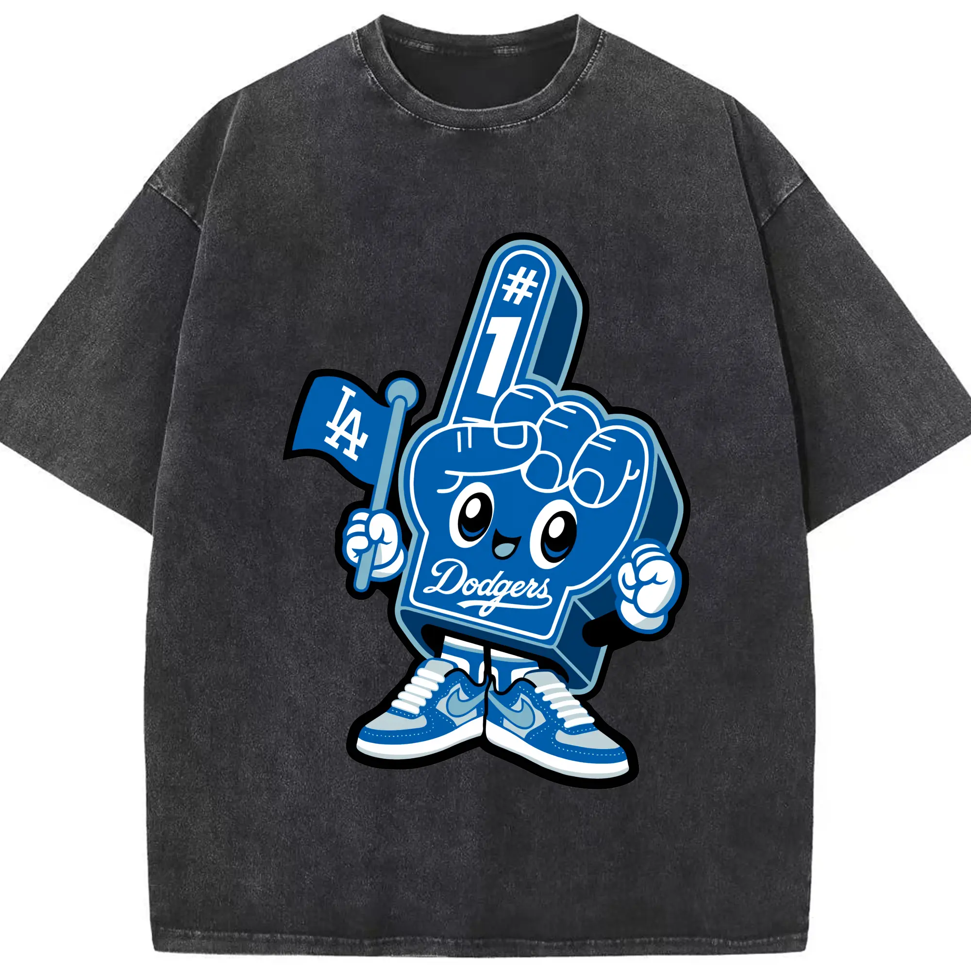Cute Mr Dodger Foam Finger - Washed Vintage Look 230g Cotton Oversized T-Shirt With Front Heat Transfer Print – Soft, Lightweight, Stylish Fit – Comfortable Casual Wear For Sports & Everyday Use