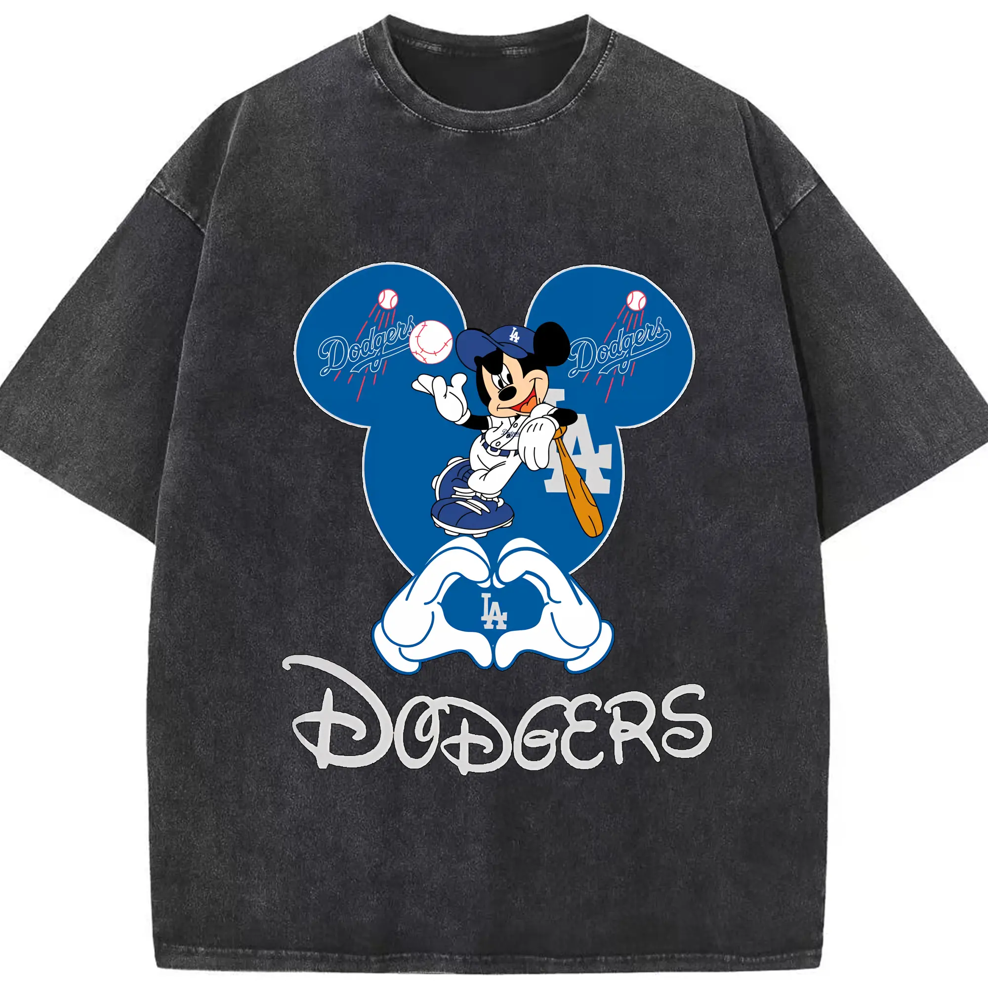 Disney Mickey Mouse Loves Los Angeles Dodgers Heart - Washed Vintage Look 230g Cotton Oversized T-Shirt With Front Heat Transfer Print – Soft, Lightweight, Stylish Fit – Comfortable Casual Wear For Sports & Everyday Use