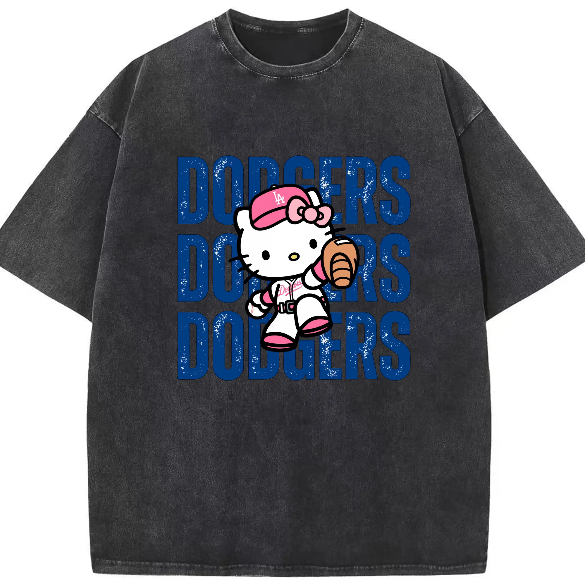 Dodgers Baseball Hello Kitty - Washed Vintage Look 230g Cotton Oversized T-Shirt With Front Heat Transfer Print – Soft, Lightweight, Stylish Fit – Comfortable Casual Wear For Sports & Everyday Use