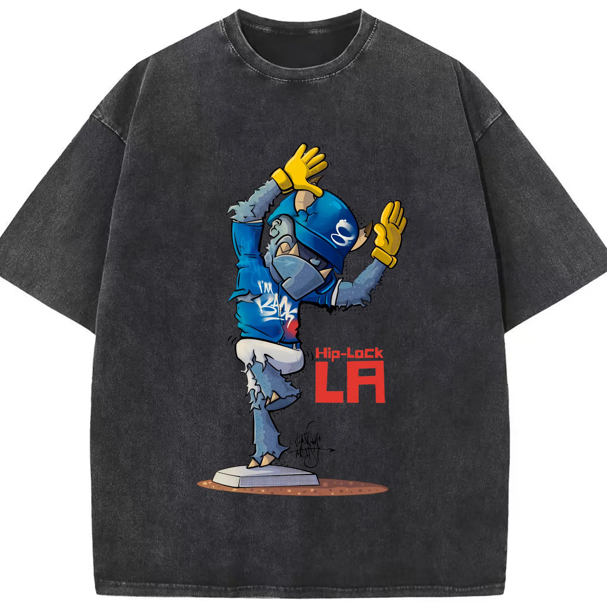 Funny Los Angeles Dodgers Monster Celebration Hip Lock - Washed Vintage Look 230g Cotton Oversized T-Shirt With Front Heat Transfer Print – Soft, Lightweight, Stylish Fit – Comfortable Casual Wear For Sports & Everyday Use