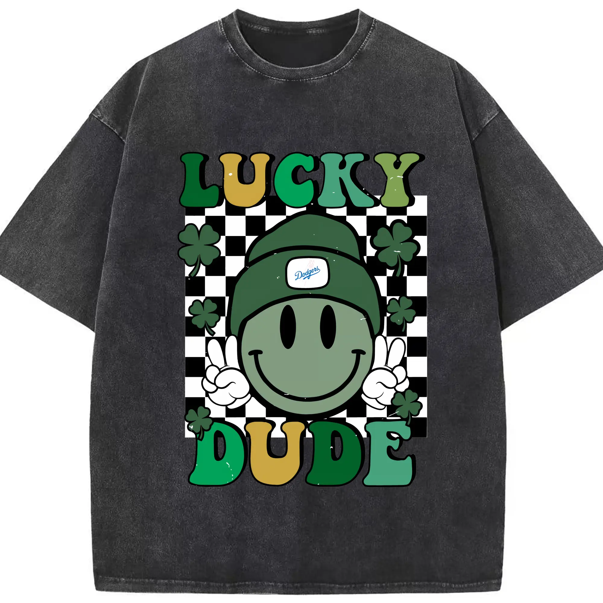 Happy Face Lucky Dude Los Angeles Dodgers - Washed Vintage Look 230g Cotton Oversized T-Shirt With Front Heat Transfer Print – Soft, Lightweight, Stylish Fit – Comfortable Casual Wear For Sports & Everyday Use