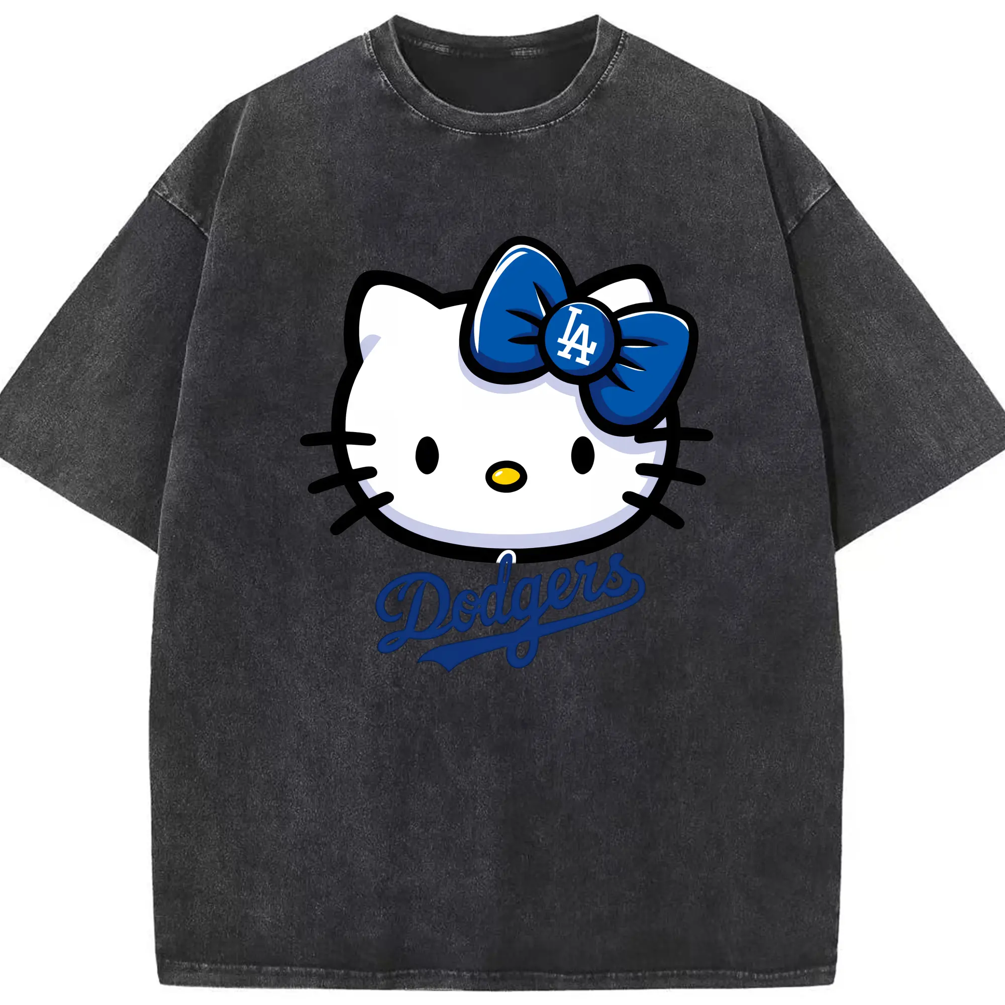Hello Kitty Baseball LA Dodgers - Washed Vintage Look 230g Cotton Oversized T-Shirt With Front Heat Transfer Print – Soft, Lightweight, Stylish Fit – Comfortable Casual Wear For Sports & Everyday Use