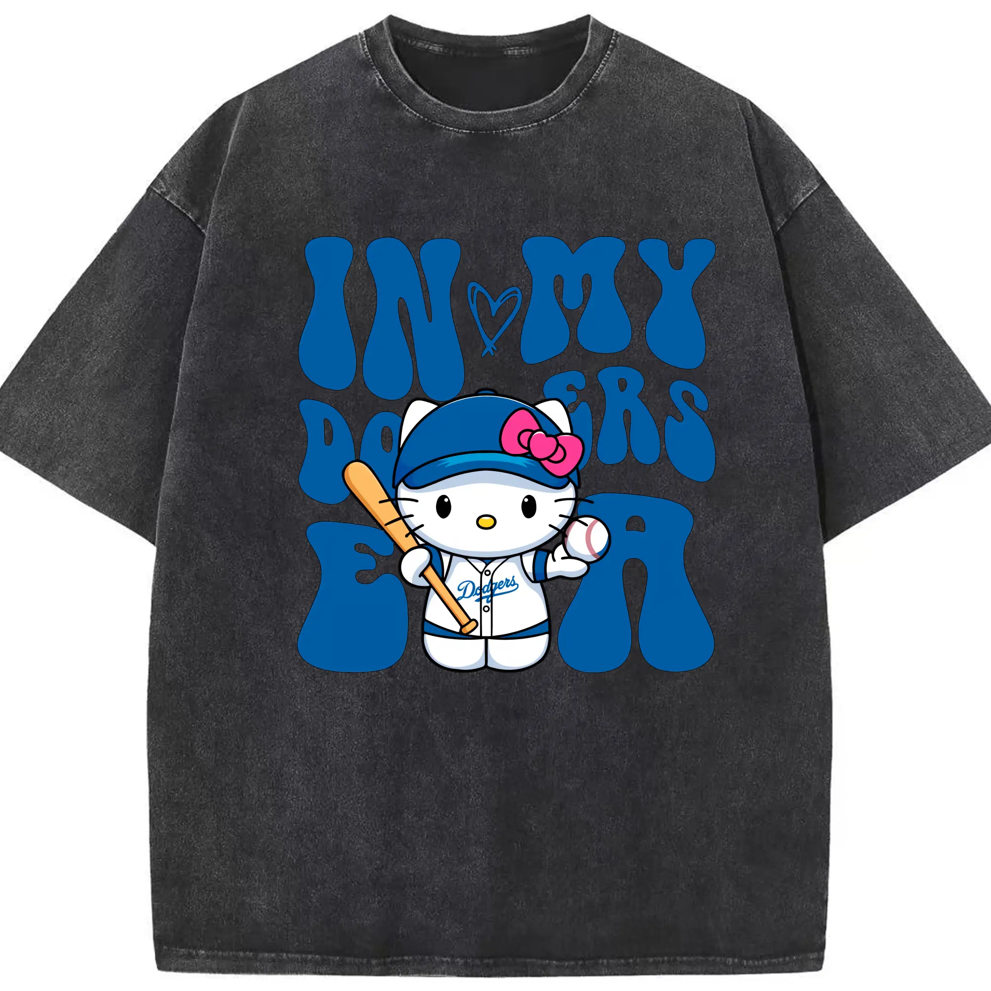 In My Dodgers Era Hello Kitty Baseball - Washed Vintage Look 230g Cotton Oversized T-Shirt With Front Heat Transfer Print – Soft, Lightweight, Stylish Fit – Comfortable Casual Wear For Sports & Everyday Use