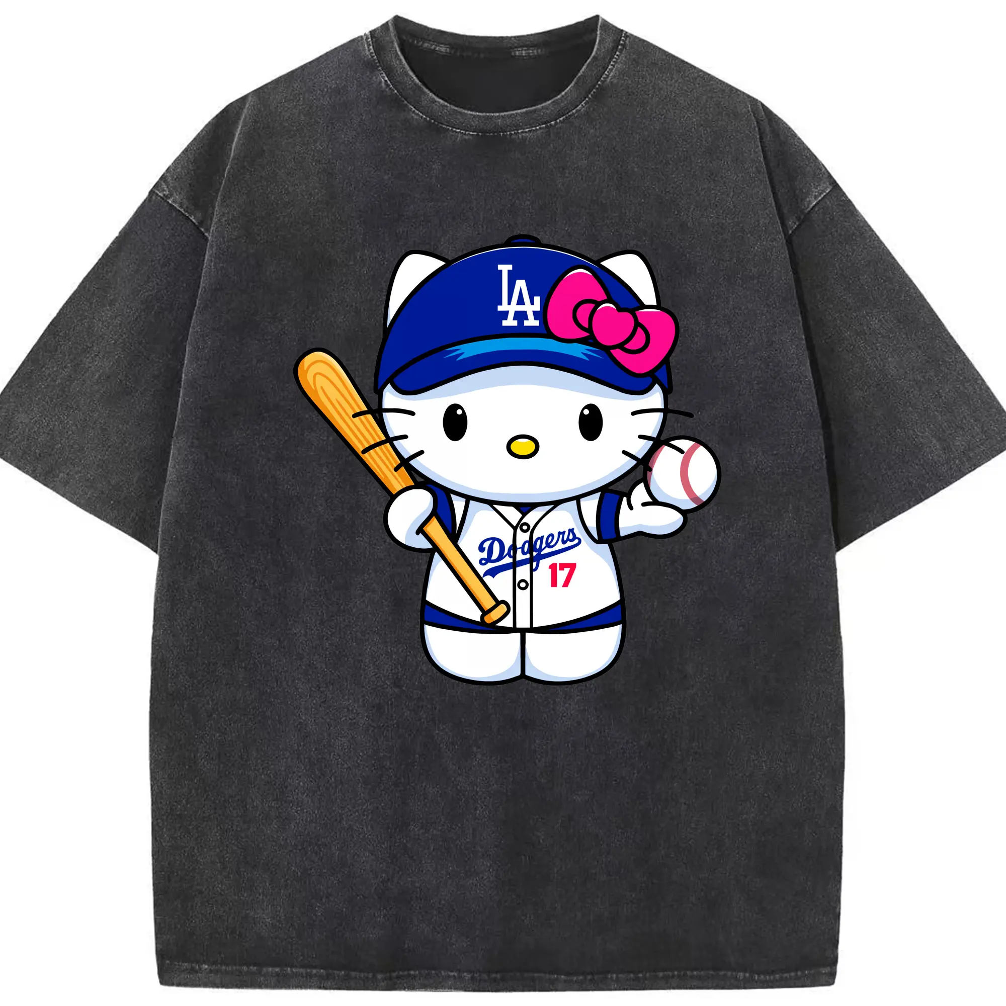 LA Dodgers Hello Kitty MLB Team - Washed Vintage Look 230g Cotton Oversized T-Shirt With Front Heat Transfer Print – Soft, Lightweight, Stylish Fit – Comfortable Casual Wear For Sports & Everyday Use