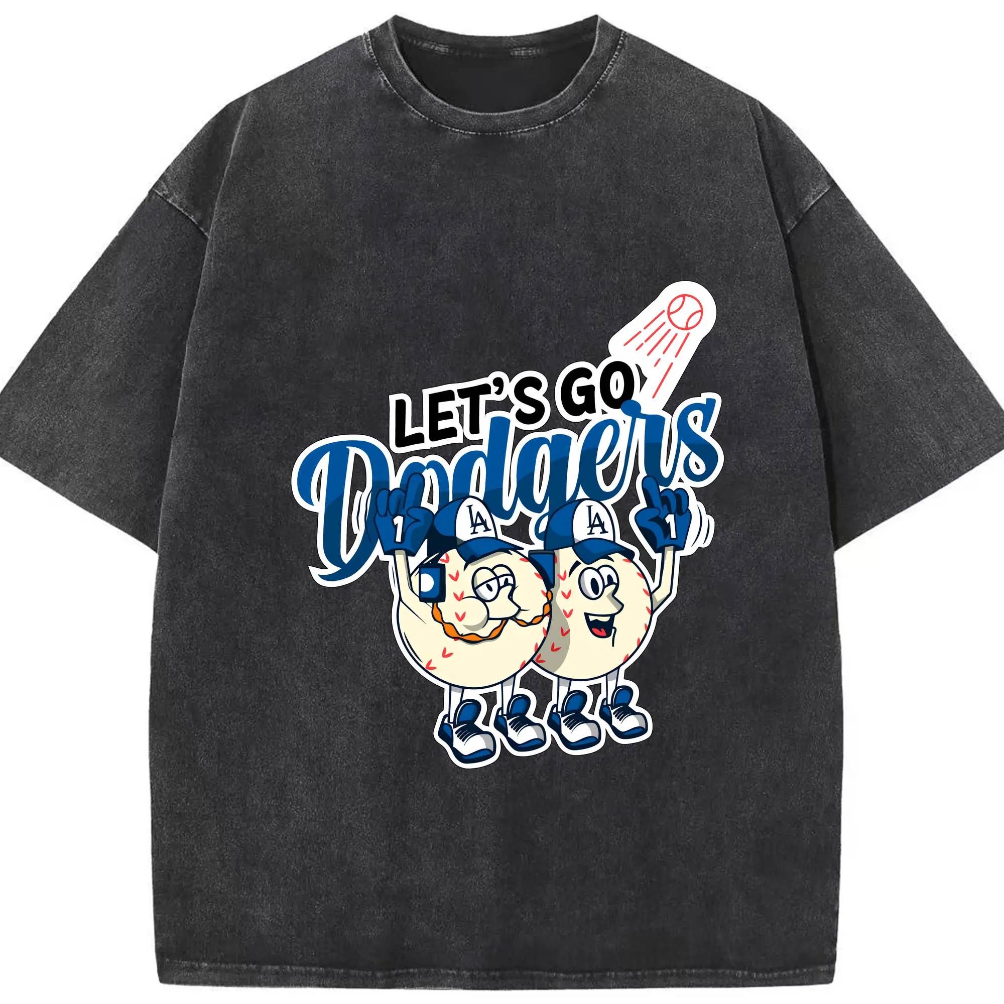 Lets Go Dodgers Baseball - Washed Vintage Look 230g Cotton Oversized T-Shirt With Front Heat Transfer Print – Soft, Lightweight, Stylish Fit – Comfortable Casual Wear For Sports & Everyday Use
