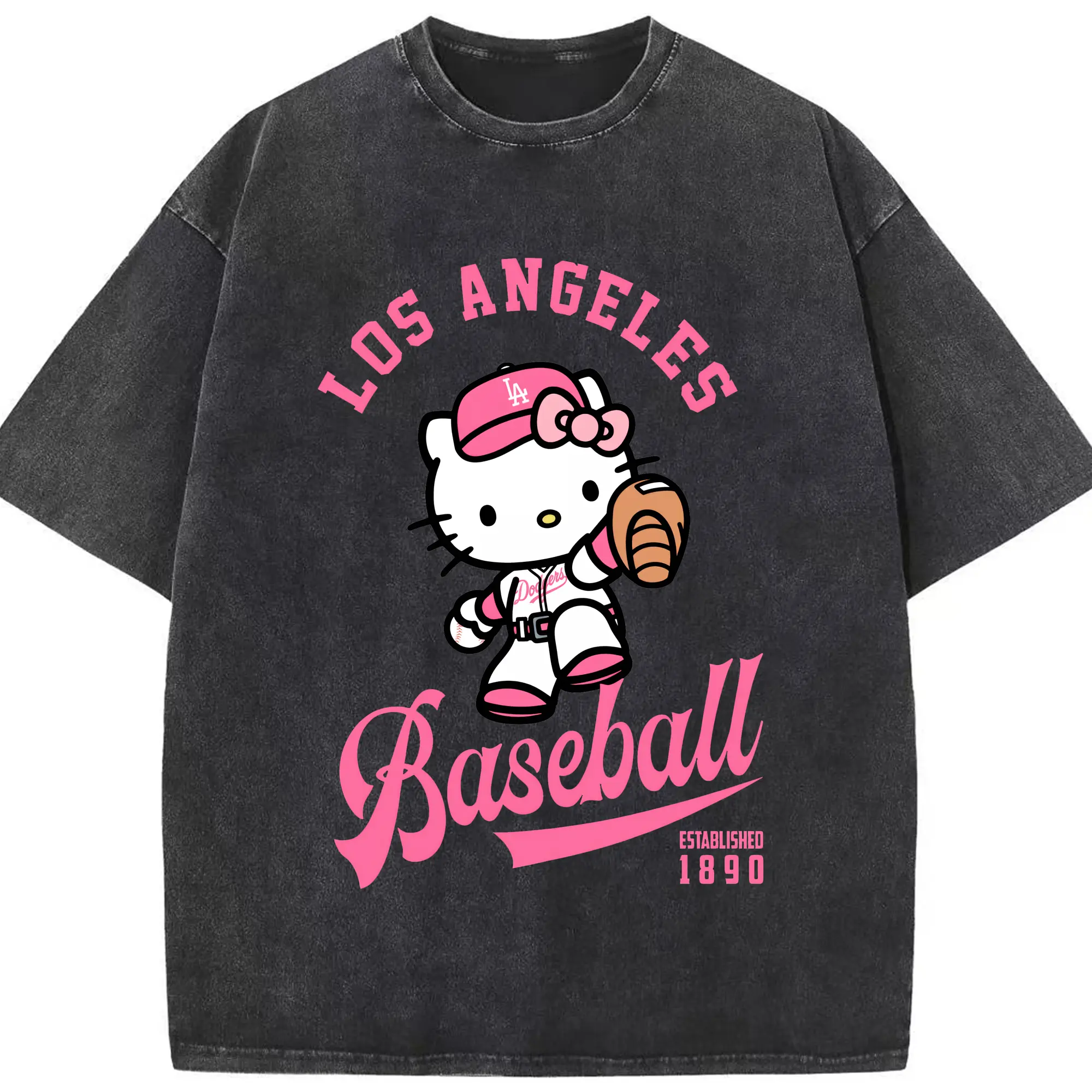 Los Angeles Baseball Hello Kitty - Washed Vintage Look 230g Cotton Oversized T-Shirt With Front Heat Transfer Print – Soft, Lightweight, Stylish Fit – Comfortable Casual Wear For Sports & Everyday Use