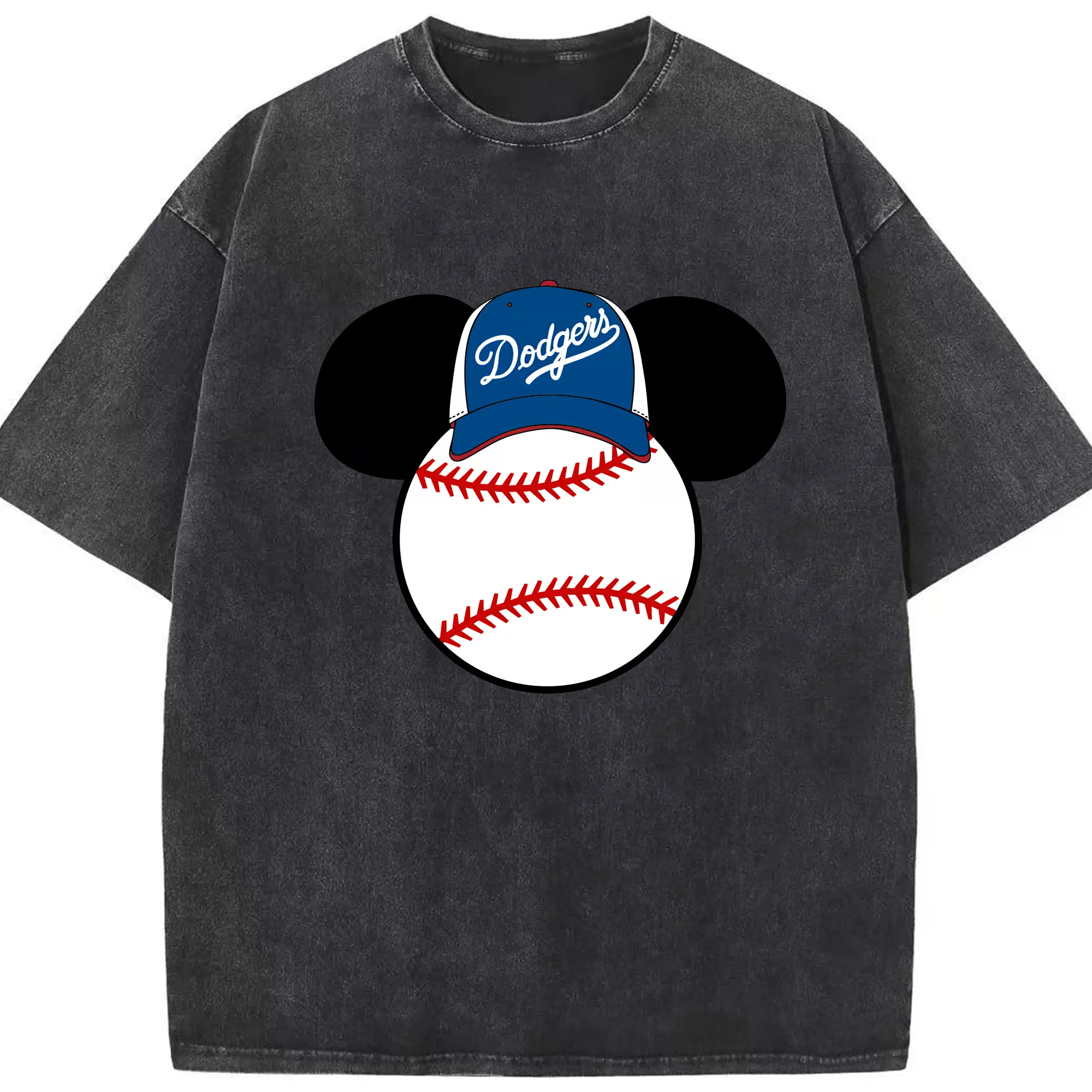 Los Angeles Dodgers Mickey Mouse Head - Washed Vintage Look 230g Cotton Oversized T-Shirt With Front Heat Transfer Print – Soft, Lightweight, Stylish Fit – Comfortable Casual Wear For Sports & Everyday Use