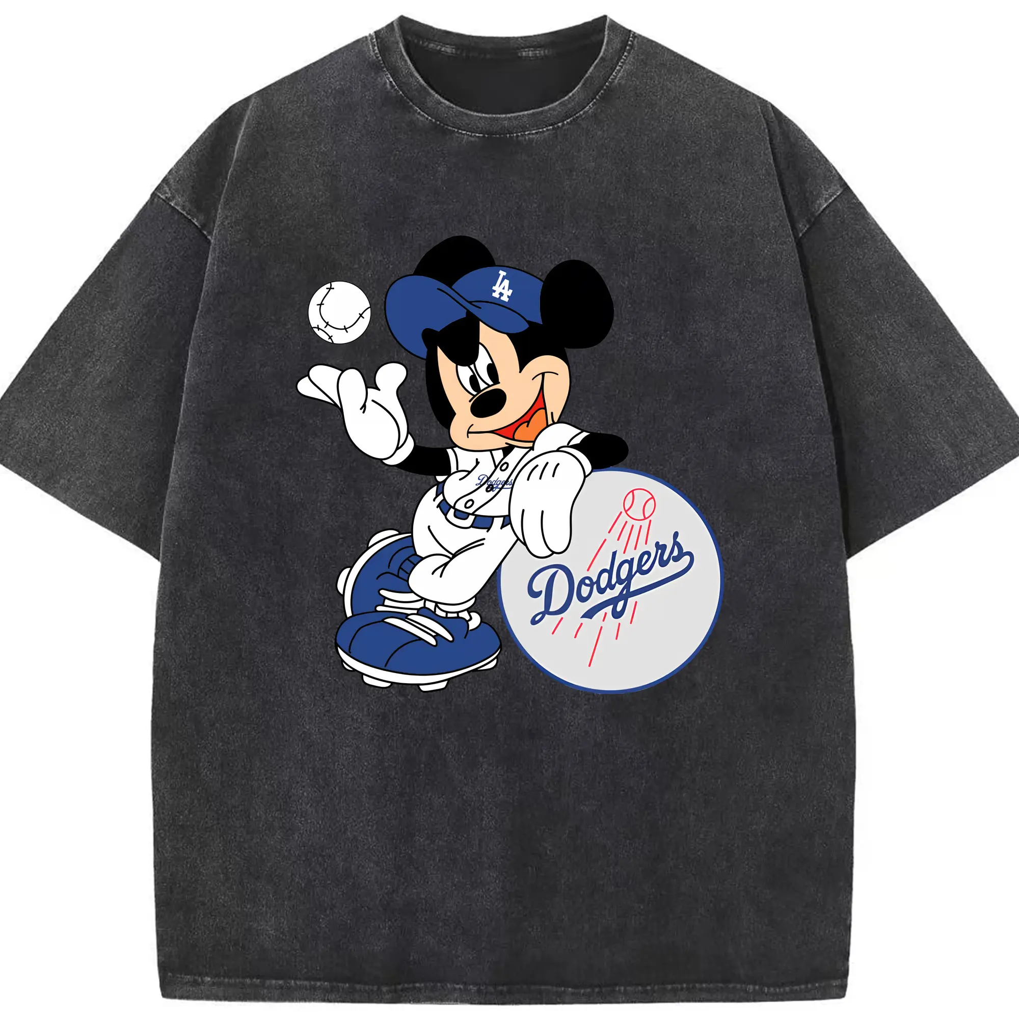 Mickey Mouse Los Angeles Dodgers - Washed Vintage Look 230g Cotton Oversized T-Shirt With Front Heat Transfer Print – Soft, Lightweight, Stylish Fit – Comfortable Casual Wear For Sports & Everyday Use