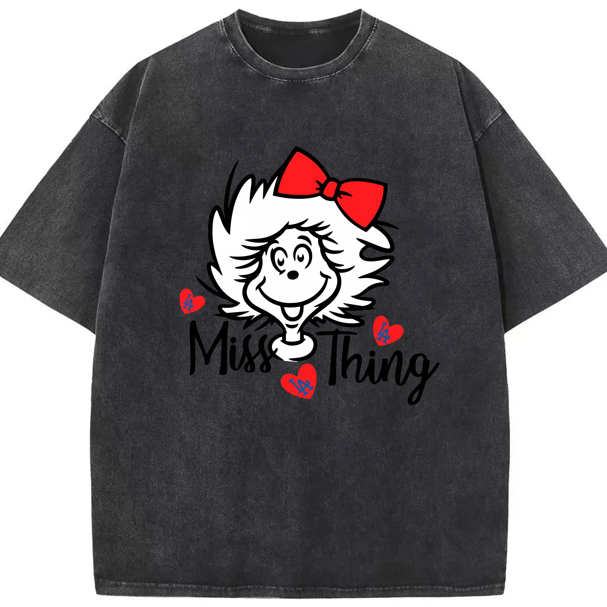 Miss Thing Dr Seuss Hearts Los Angeles Dodgers - Washed Vintage Look 230g Cotton Oversized T-Shirt With Front Heat Transfer Print – Soft, Lightweight, Stylish Fit – Comfortable Casual Wear For Sports & Everyday Use