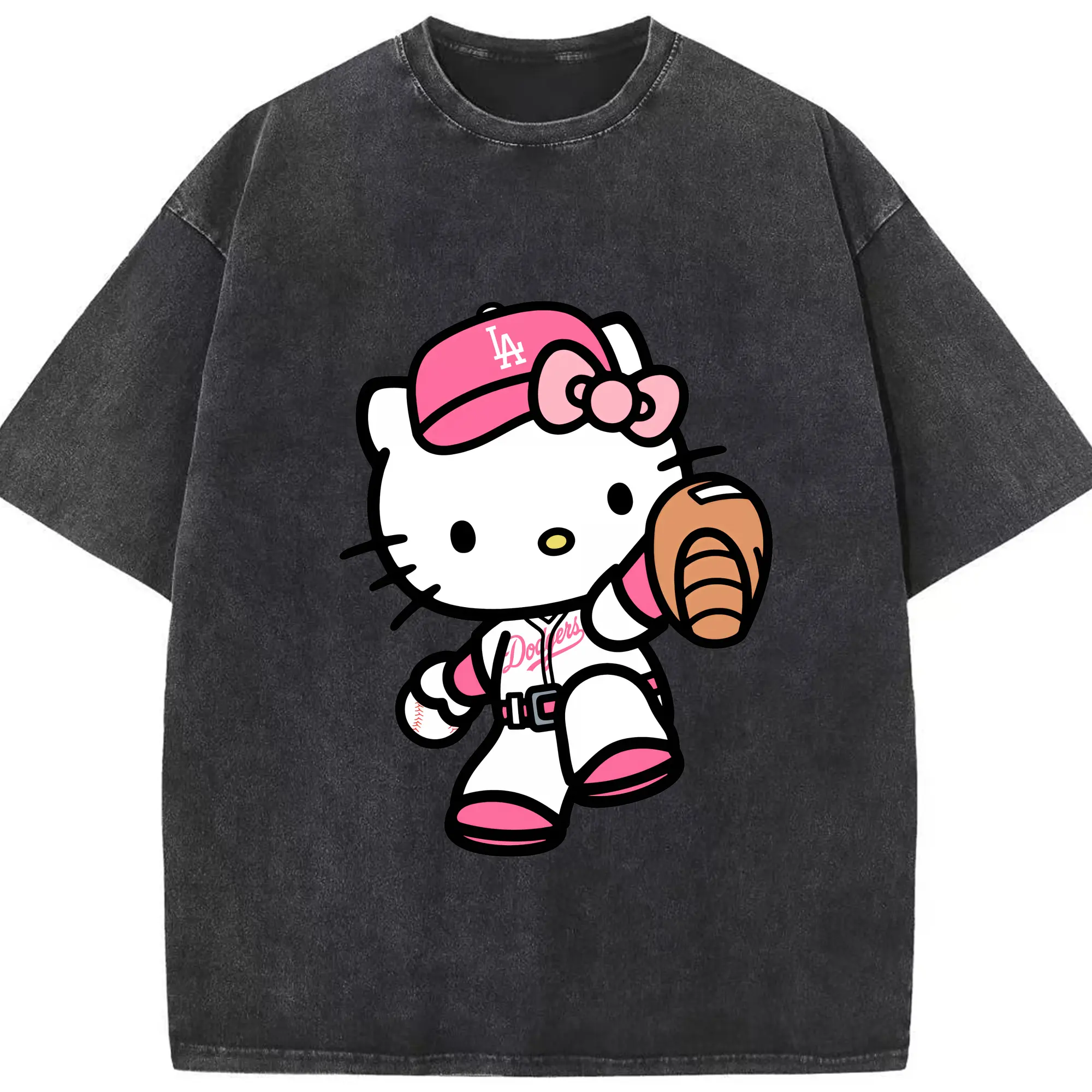 Pink Hello Kitty Play Baseball Los Angeles Dodgers - Washed Vintage Look 230g Cotton Oversized T-Shirt With Front Heat Transfer Print – Soft, Lightweight, Stylish Fit – Comfortable Casual Wear For Sports & Everyday Use