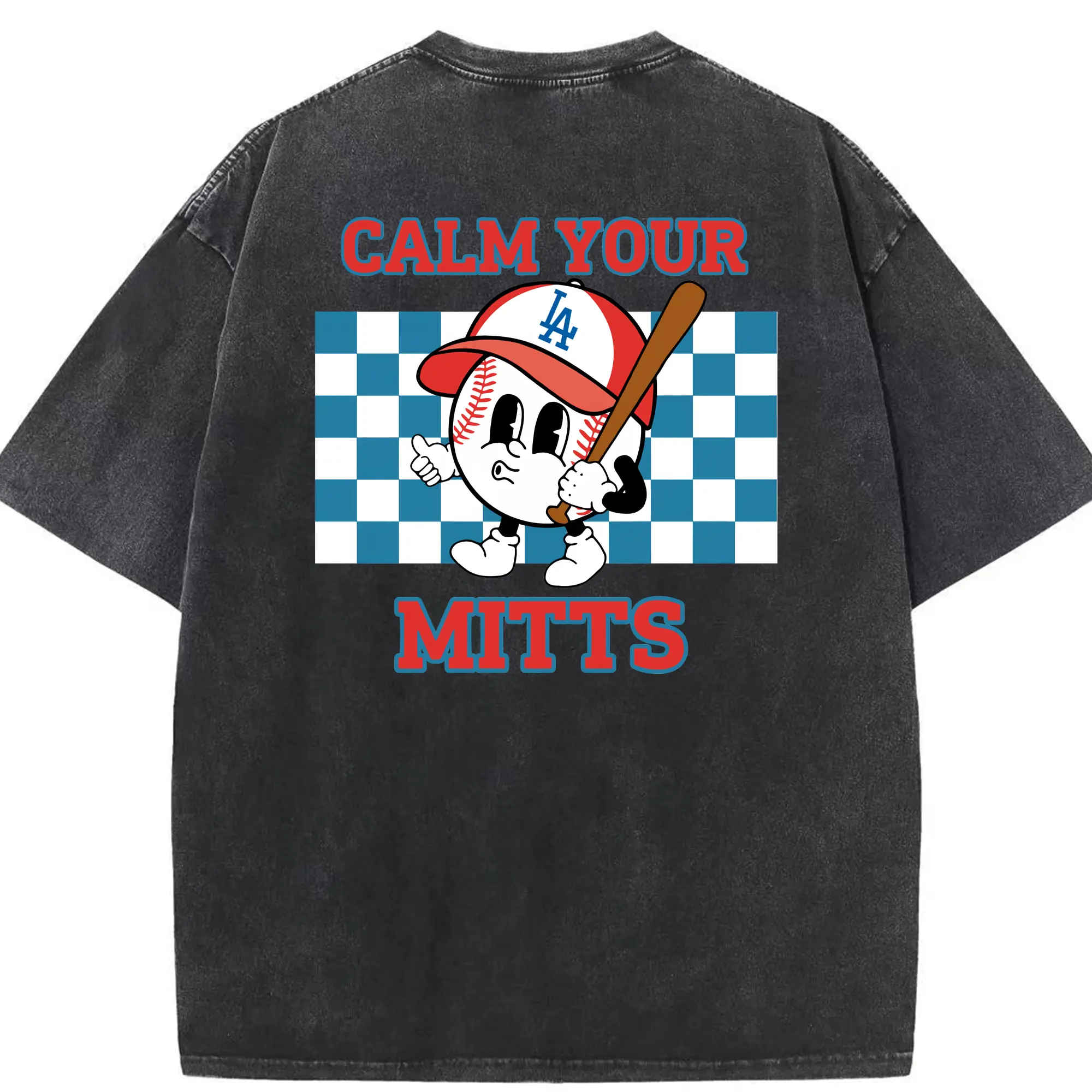 Baseball Calm Your Mitts Los Angeles Dodgers - Washed Vintage 230g Cotton Oversized T-Shirt With Back Heat Transfer Print – Soft, Lightweight & Stylish – Comfortable Casual Wear For Sports & Everyday Use