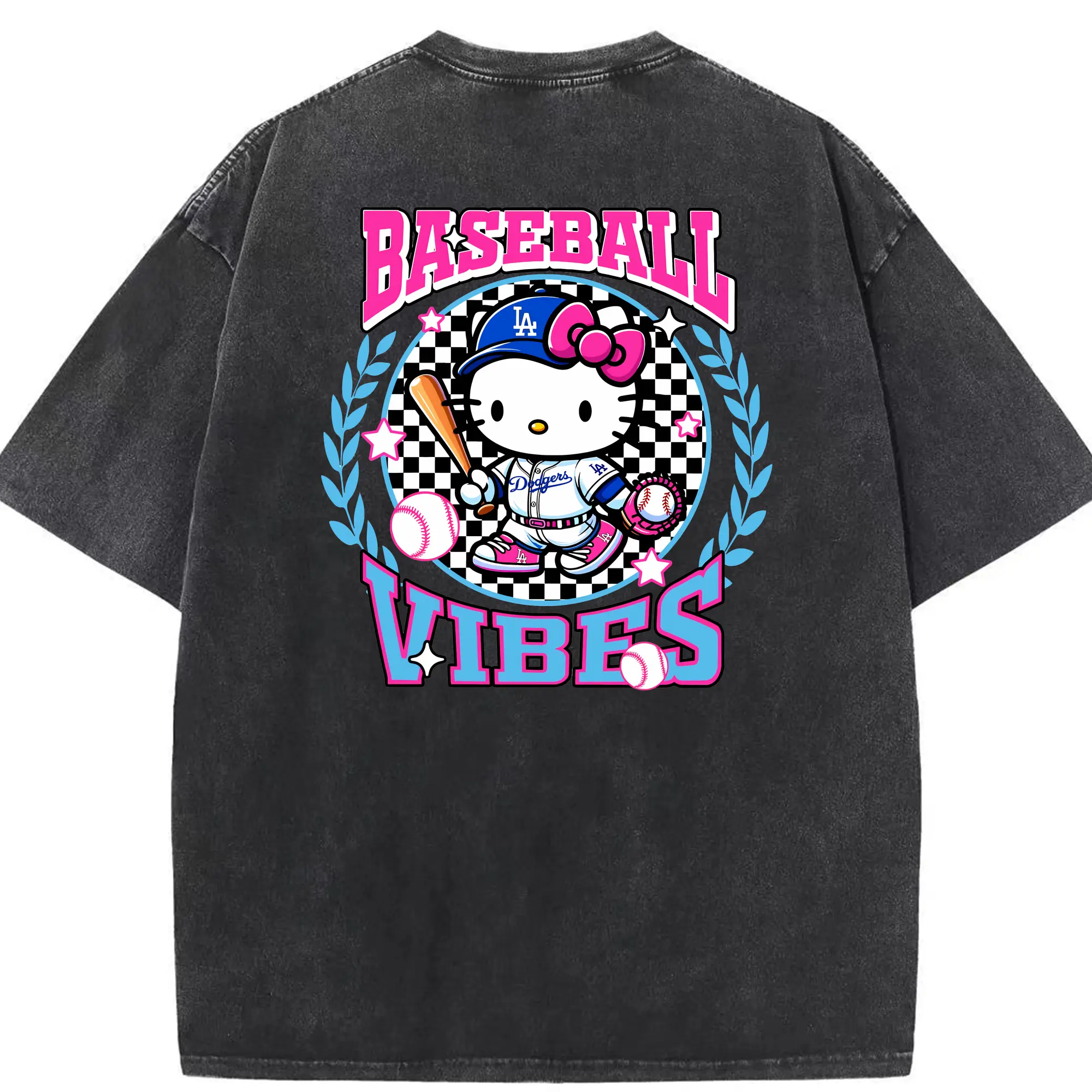 Baseball Vibes Hello Kitty Los Angeles Dodgers - Washed Vintage 230g Cotton Oversized T-Shirt With Back Heat Transfer Print – Soft, Lightweight & Stylish – Comfortable Casual Wear For Sports & Everyday Use