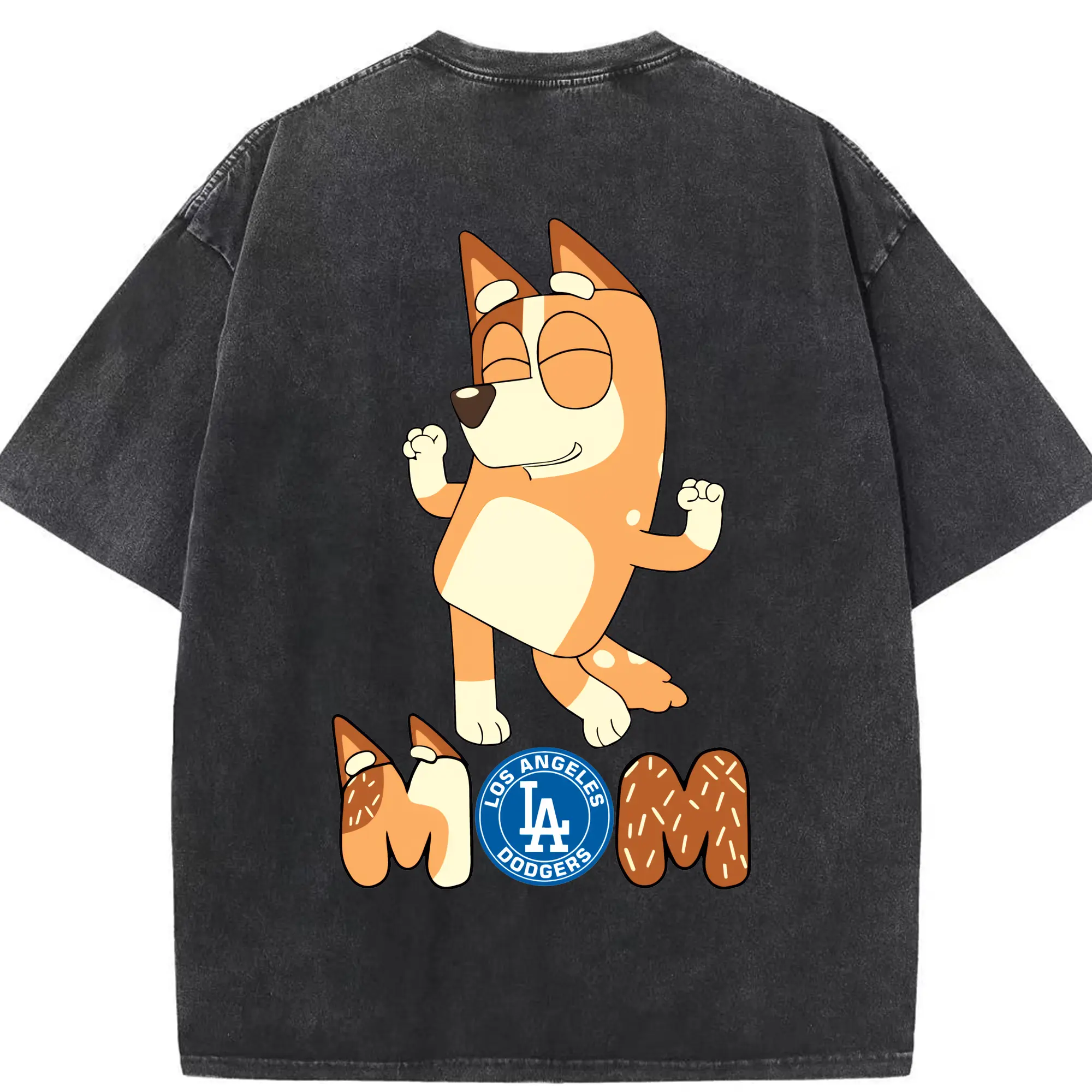 Bluey Mom Los Angeles Dodgers Baseball - Washed Vintage 230g Cotton Oversized T-Shirt With Back Heat Transfer Print – Soft, Lightweight & Stylish – Comfortable Casual Wear For Sports & Everyday Use