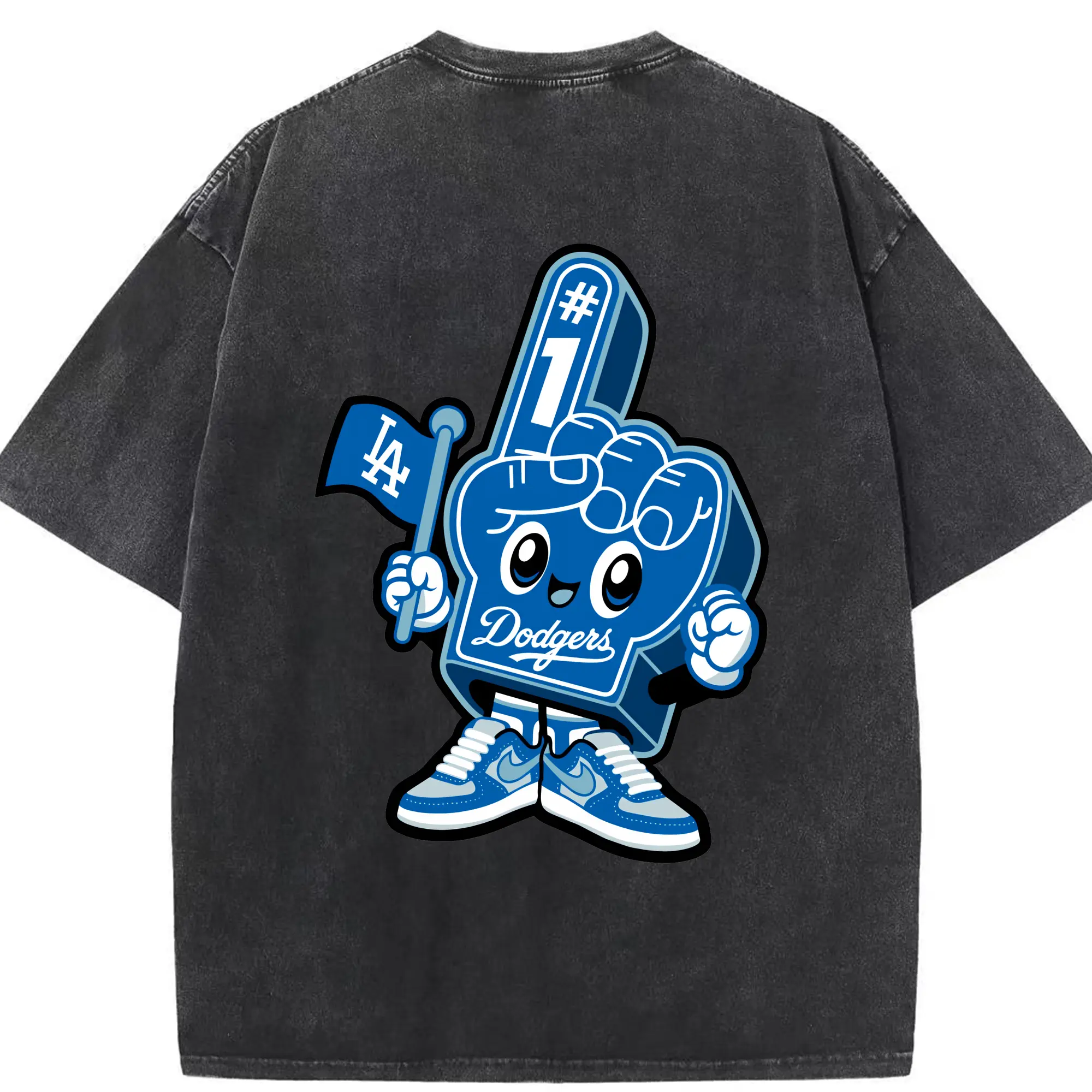 Cute Mr Dodger Foam Finger - Washed Vintage 230g Cotton Oversized T-Shirt With Back Heat Transfer Print – Soft, Lightweight & Stylish – Comfortable Casual Wear For Sports & Everyday Use