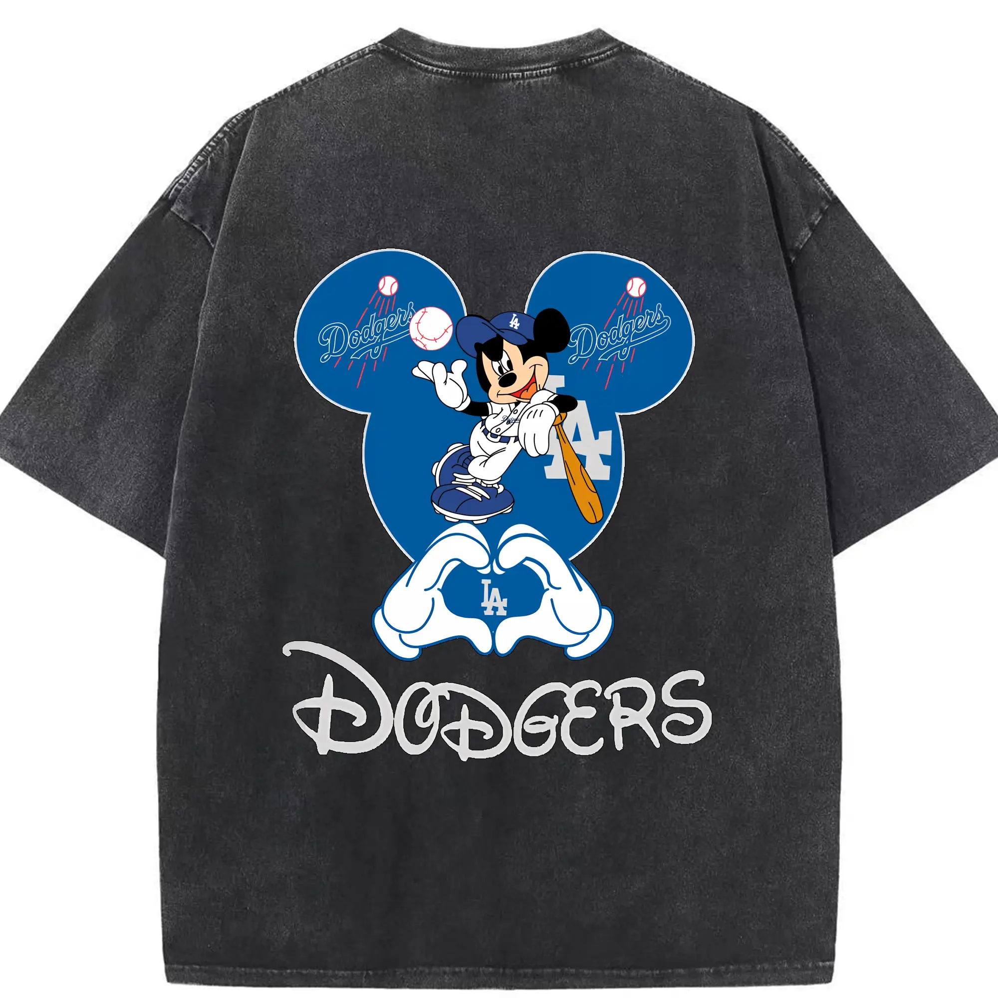 Disney Mickey Mouse Loves Los Angeles Dodgers Heart - Washed Vintage 230g Cotton Oversized T-Shirt With Back Heat Transfer Print – Soft, Lightweight & Stylish – Comfortable Casual Wear For Sports & Everyday Use