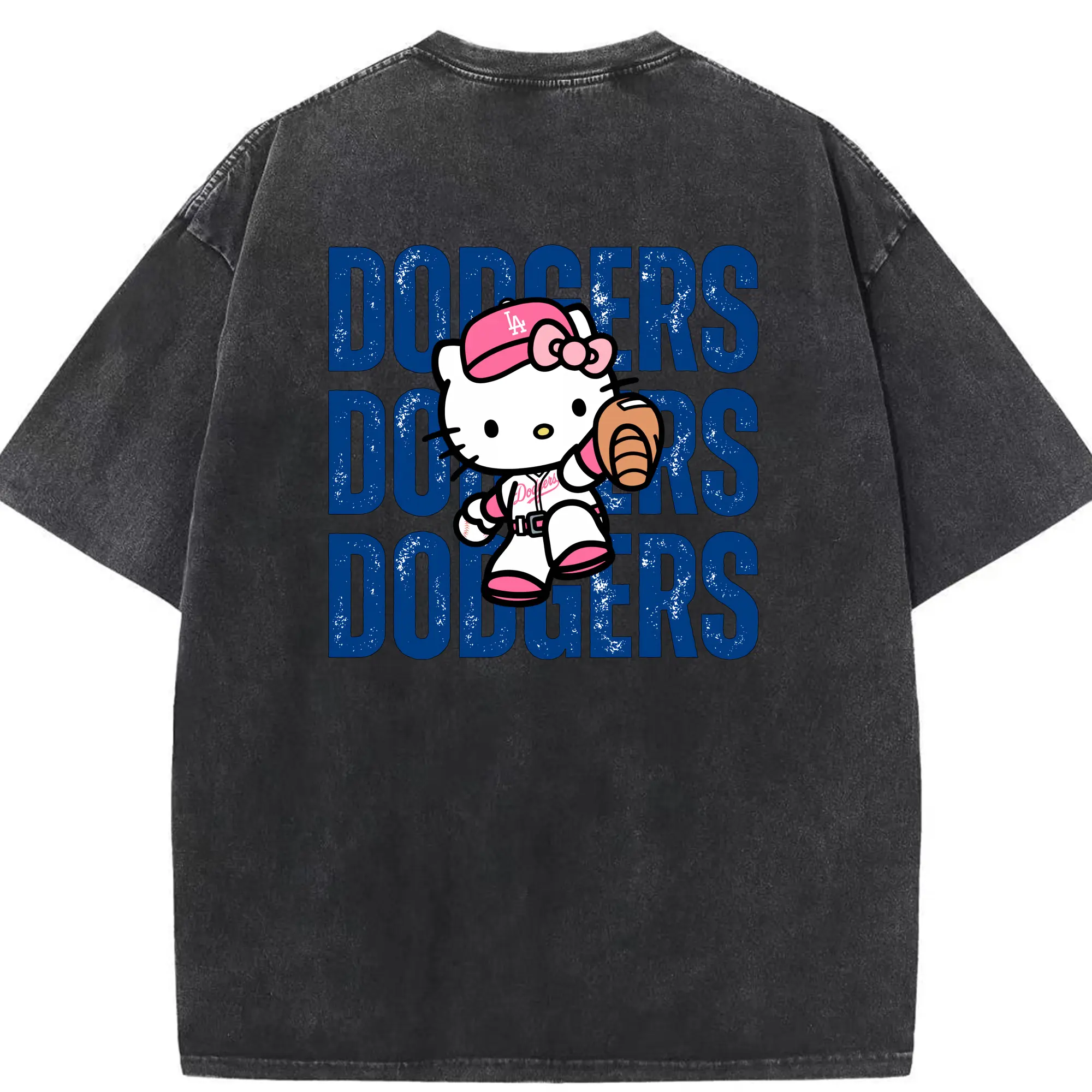 Dodgers Baseball Hello Kitty - Washed Vintage 230g Cotton Oversized T-Shirt With Back Heat Transfer Print – Soft, Lightweight & Stylish – Comfortable Casual Wear For Sports & Everyday Use