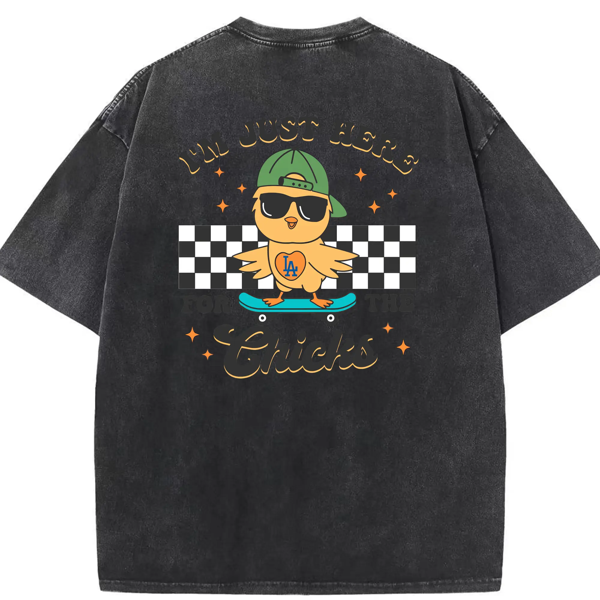 Im Just Here For The Chicks Los Angeles Dodgers - Washed Vintage 230g Cotton Oversized T-Shirt With Back Heat Transfer Print – Soft, Lightweight & Stylish – Comfortable Casual Wear For Sports & Everyday Use