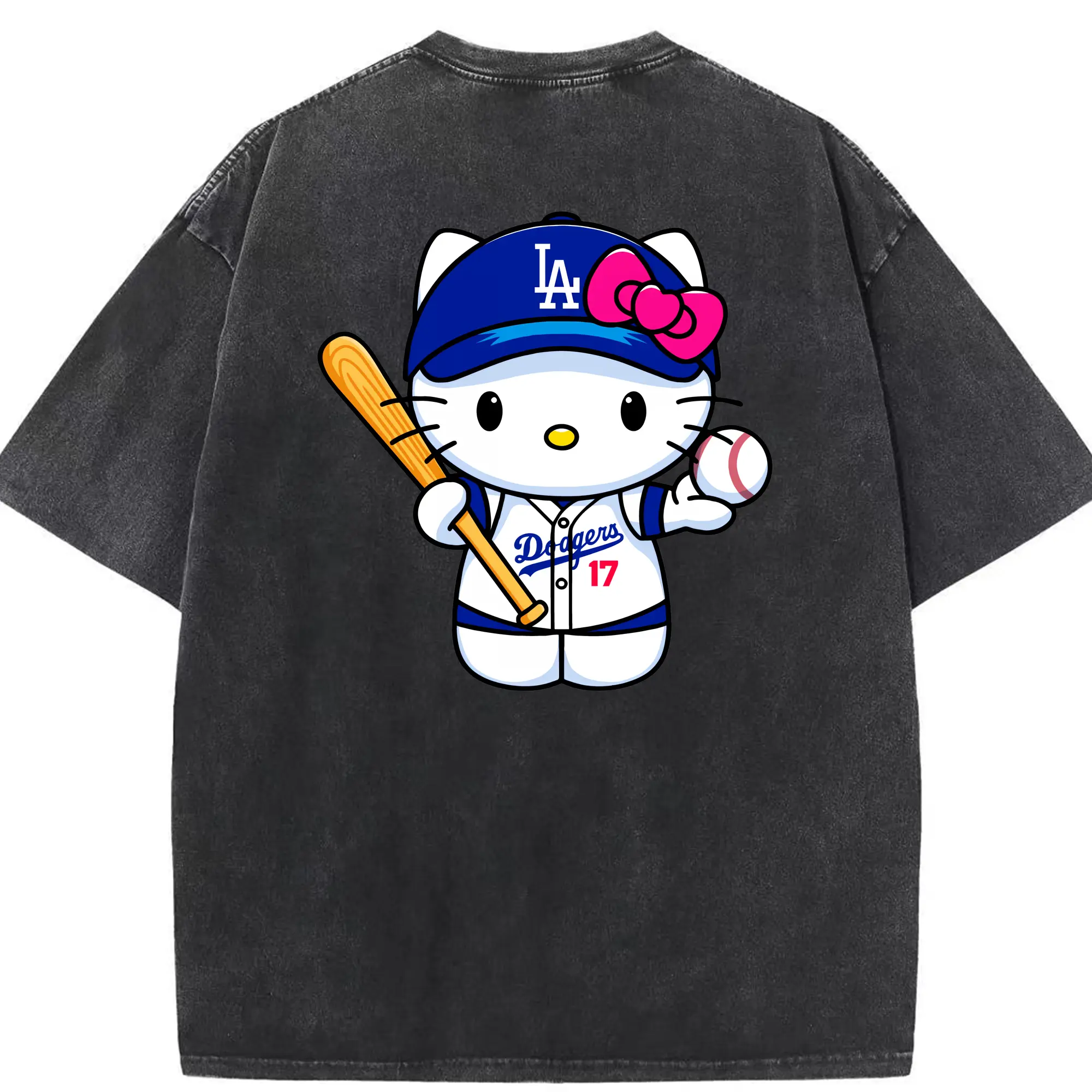 LA Dodgers Hello Kitty MLB Team - Washed Vintage 230g Cotton Oversized T-Shirt With Back Heat Transfer Print – Soft, Lightweight & Stylish – Comfortable Casual Wear For Sports & Everyday Use