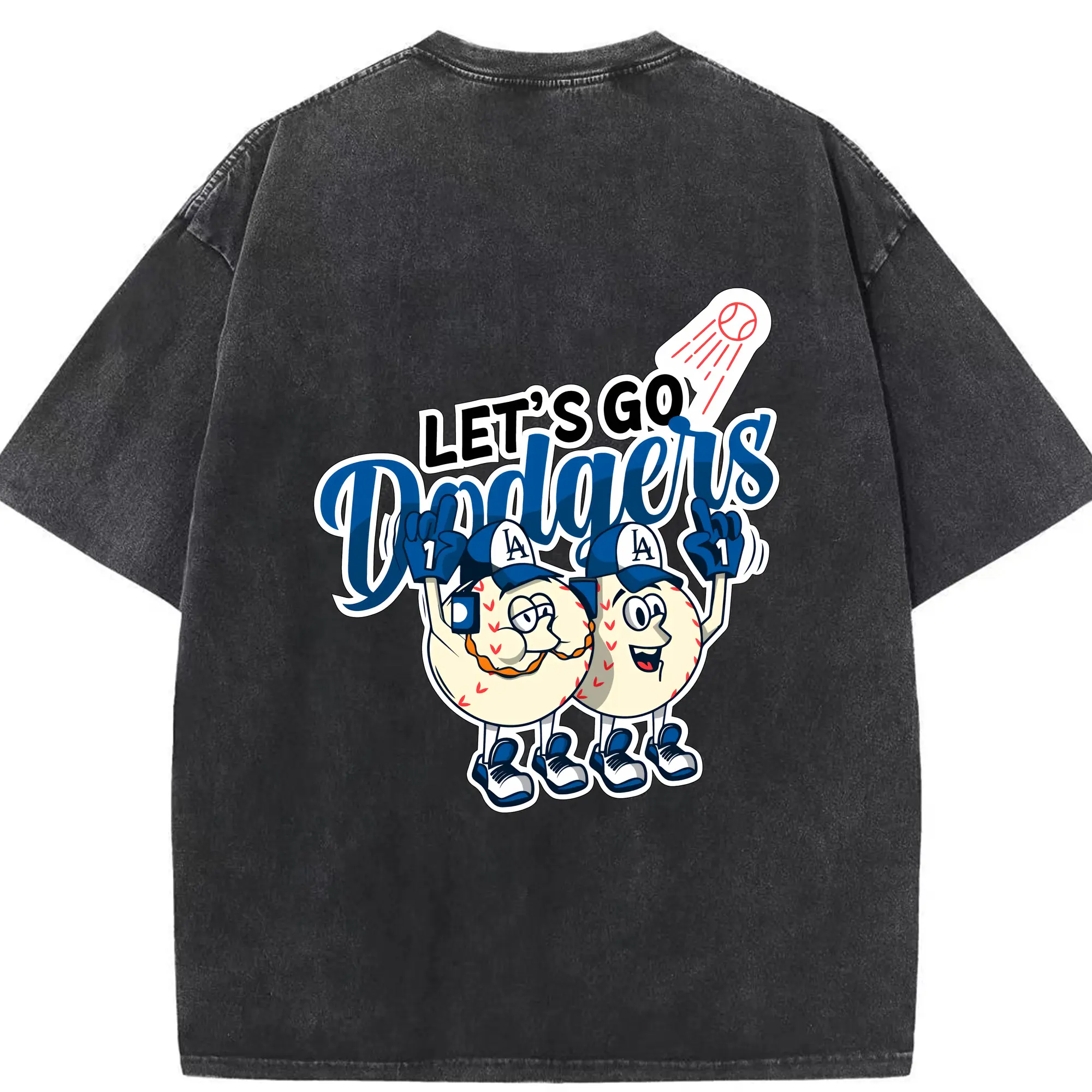 Lets Go Dodgers Baseball - Washed Vintage 230g Cotton Oversized T-Shirt With Back Heat Transfer Print – Soft, Lightweight & Stylish – Comfortable Casual Wear For Sports & Everyday Use