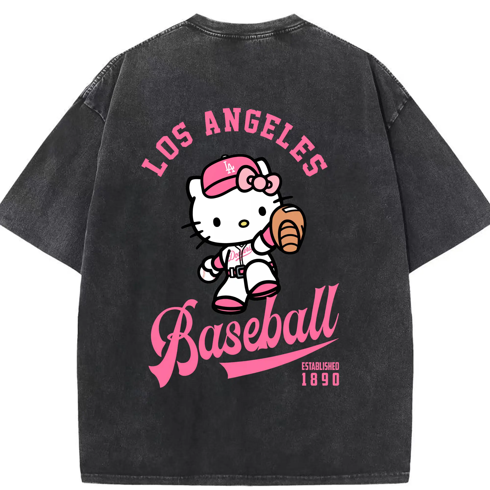 Los Angeles Baseball Hello Kitty - Washed Vintage 230g Cotton Oversized T-Shirt With Back Heat Transfer Print – Soft, Lightweight & Stylish – Comfortable Casual Wear For Sports & Everyday Use