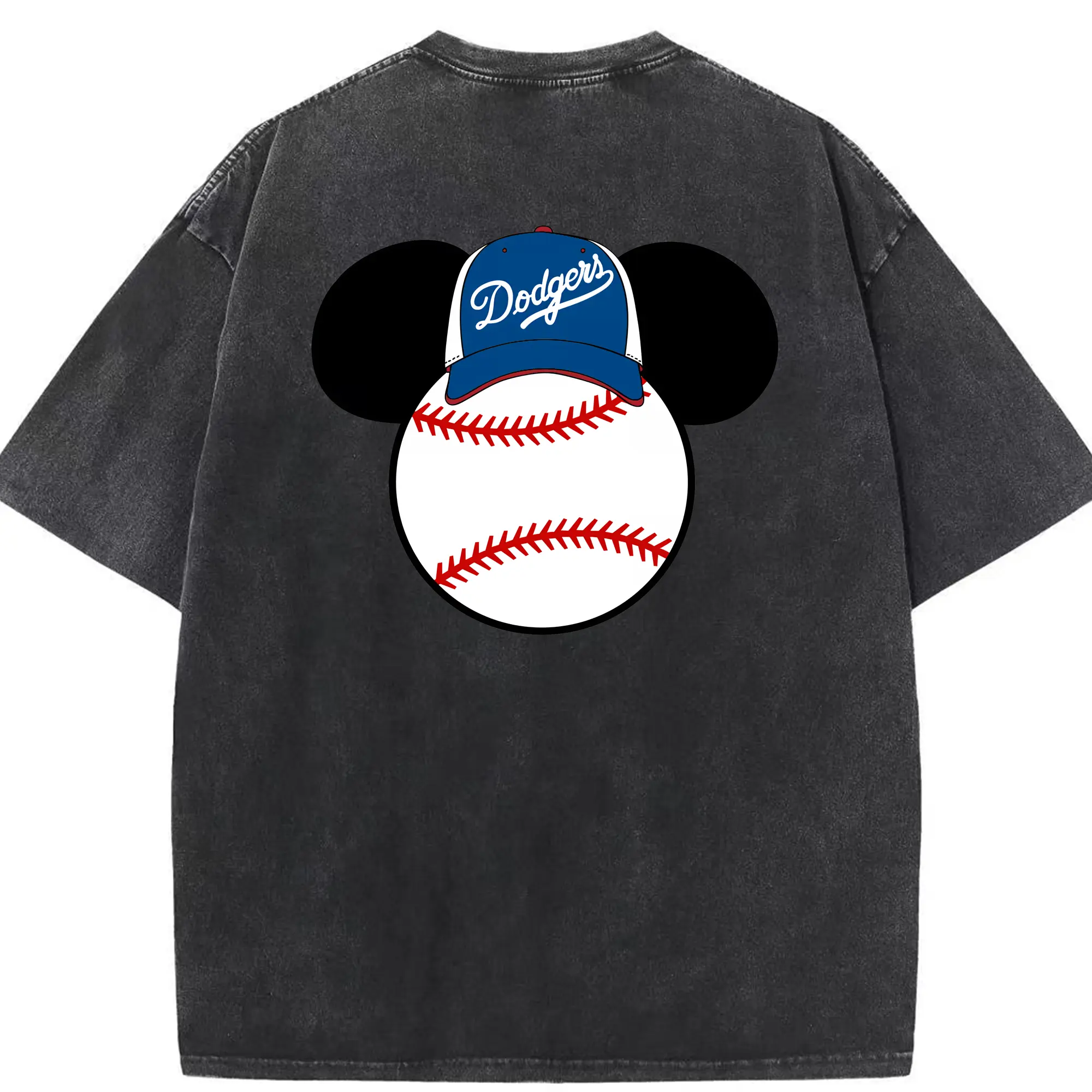 Los Angeles Dodgers Mickey Mouse Head - Washed Vintage 230g Cotton Oversized T-Shirt With Back Heat Transfer Print – Soft, Lightweight & Stylish – Comfortable Casual Wear For Sports & Everyday Use