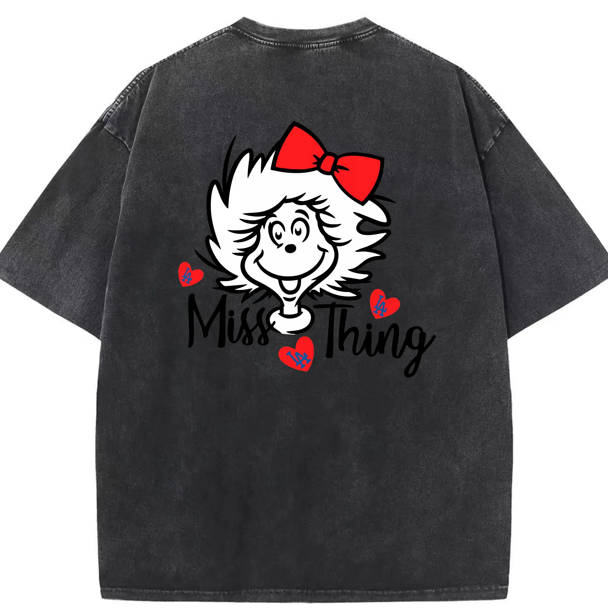 Miss Thing Dr Seuss Hearts Los Angeles Dodgers - Washed Vintage 230g Cotton Oversized T-Shirt With Back Heat Transfer Print – Soft, Lightweight & Stylish – Comfortable Casual Wear For Sports & Everyday Use