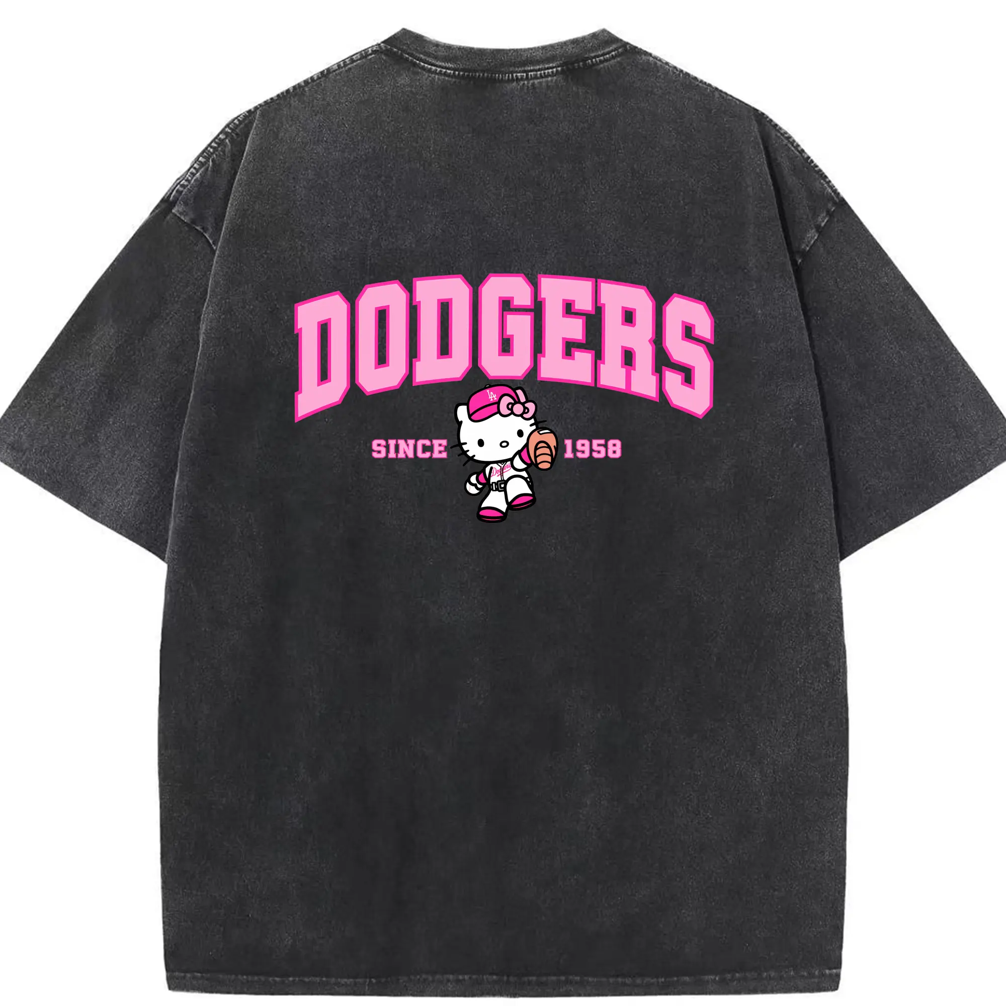 Pink Baseball Hello Kitty Dodgers - Washed Vintage 230g Cotton Oversized T-Shirt With Back Heat Transfer Print – Soft, Lightweight & Stylish – Comfortable Casual Wear For Sports & Everyday Use