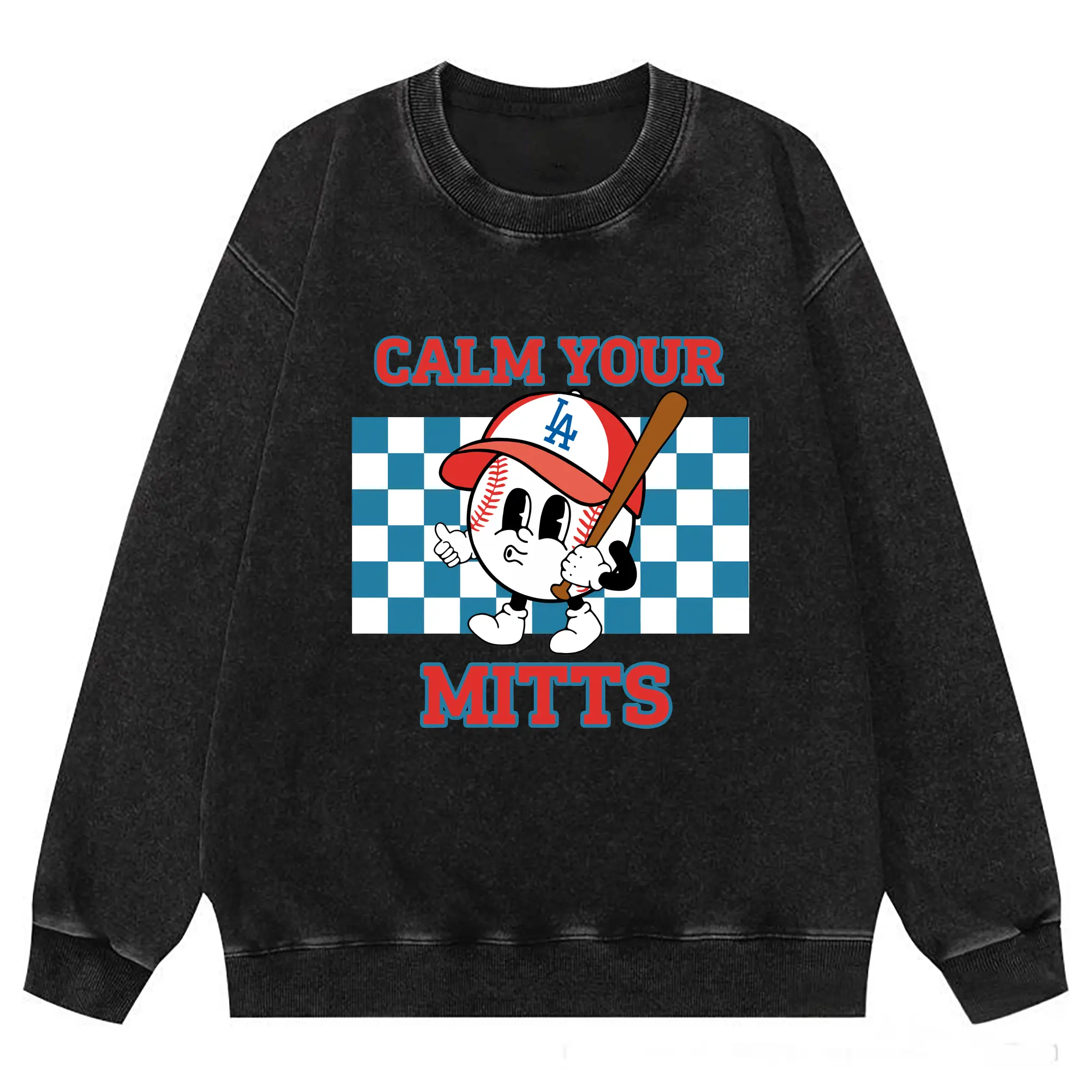 Baseball Calm Your Mitts Los Angeles Dodgers - Washed Wax-Dyed Vintage Crewneck Sweatshirt – 80% Cotton, 20% Polyester – Soft, Durable & Stylish – Ideal For Sports, Casual & Everyday Wear