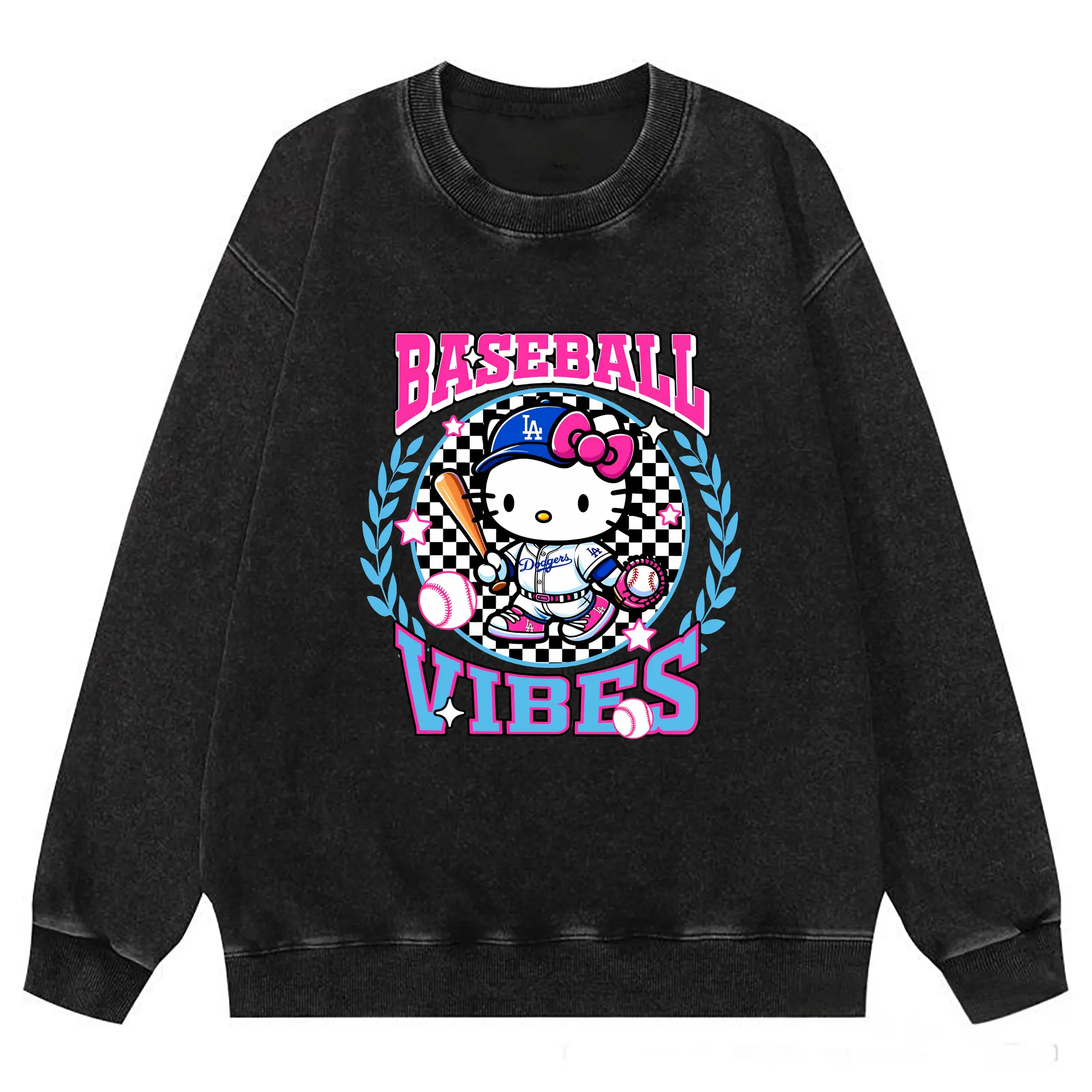 Baseball Vibes Hello Kitty Los Angeles Dodgers - Washed Wax-Dyed Vintage Crewneck Sweatshirt – 80% Cotton, 20% Polyester – Soft, Durable & Stylish – Ideal For Sports, Casual & Everyday Wear