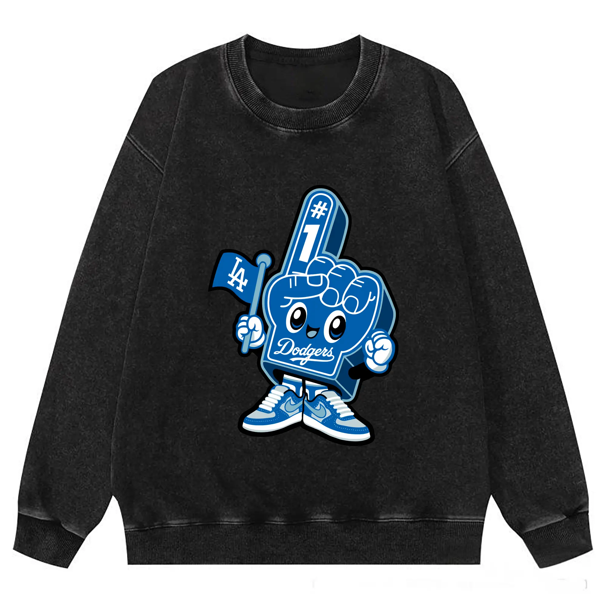 Cute Mr Dodger Foam Finger - Washed Wax-Dyed Vintage Crewneck Sweatshirt – 80% Cotton, 20% Polyester – Soft, Durable & Stylish – Ideal For Sports, Casual & Everyday Wear