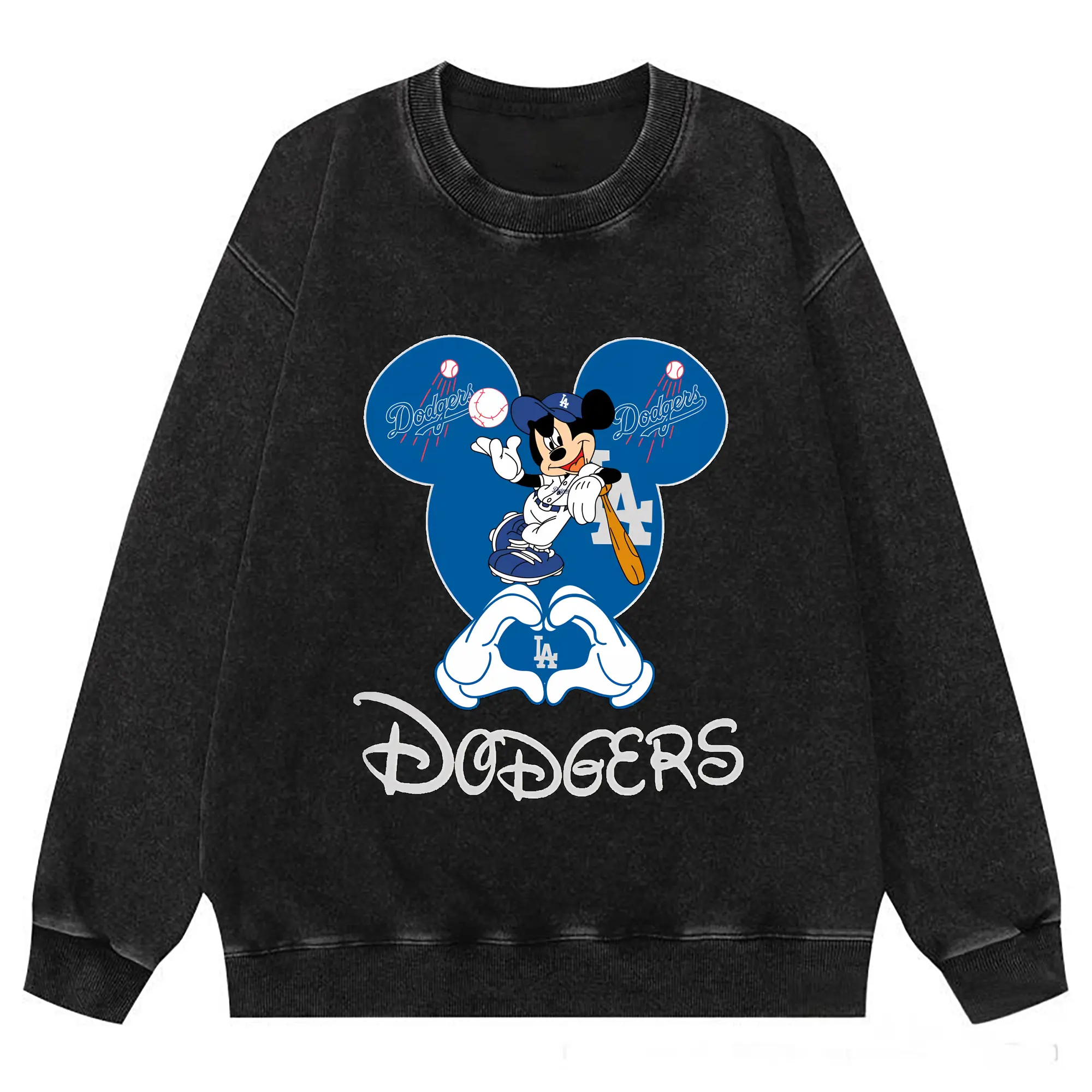 Disney Mickey Mouse Loves Los Angeles Dodgers Heart - Washed Wax-Dyed Vintage Crewneck Sweatshirt – 80% Cotton, 20% Polyester – Soft, Durable & Stylish – Ideal For Sports, Casual & Everyday Wear