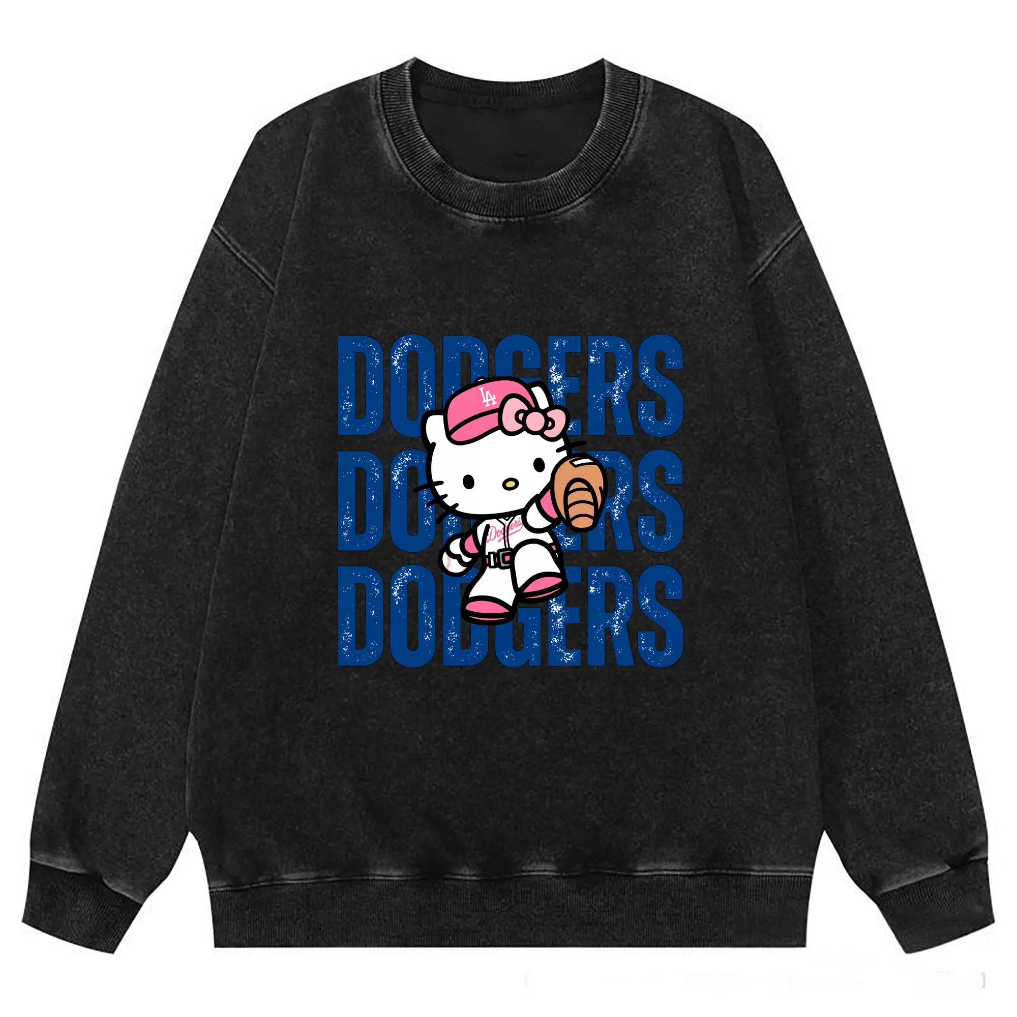 Dodgers Baseball Hello Kitty - Washed Wax-Dyed Vintage Crewneck Sweatshirt – 80% Cotton, 20% Polyester – Soft, Durable & Stylish – Ideal For Sports, Casual & Everyday Wear
