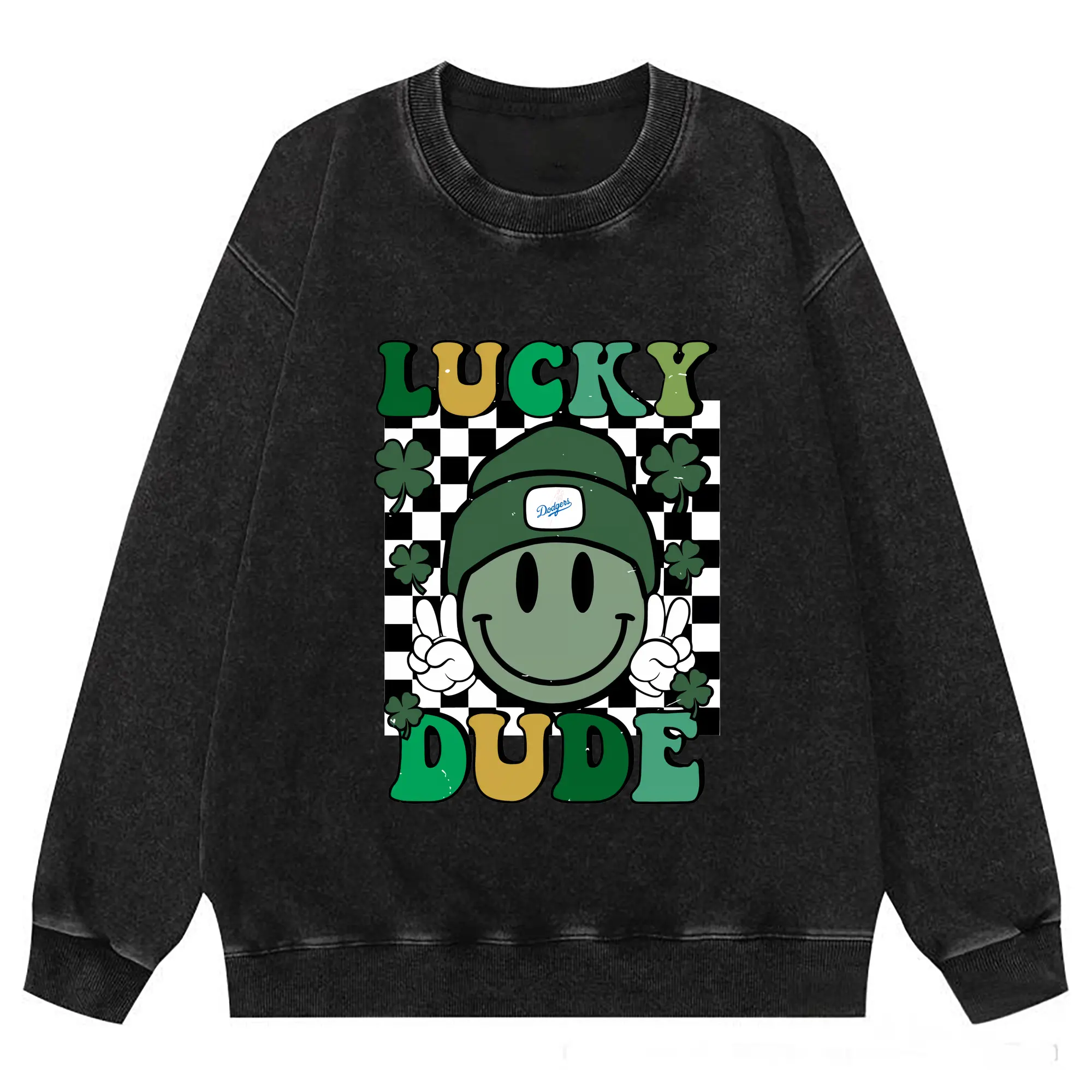 Happy Face Lucky Dude Los Angeles Dodgers - Washed Wax-Dyed Vintage Crewneck Sweatshirt – 80% Cotton, 20% Polyester – Soft, Durable & Stylish – Ideal For Sports, Casual & Everyday Wear