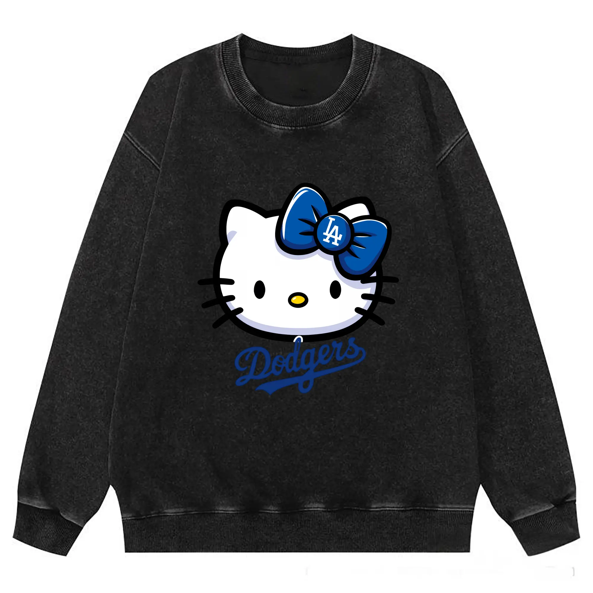 Hello Kitty Baseball LA Dodgers - Washed Wax-Dyed Vintage Crewneck Sweatshirt – 80% Cotton, 20% Polyester – Soft, Durable & Stylish – Ideal For Sports, Casual & Everyday Wear