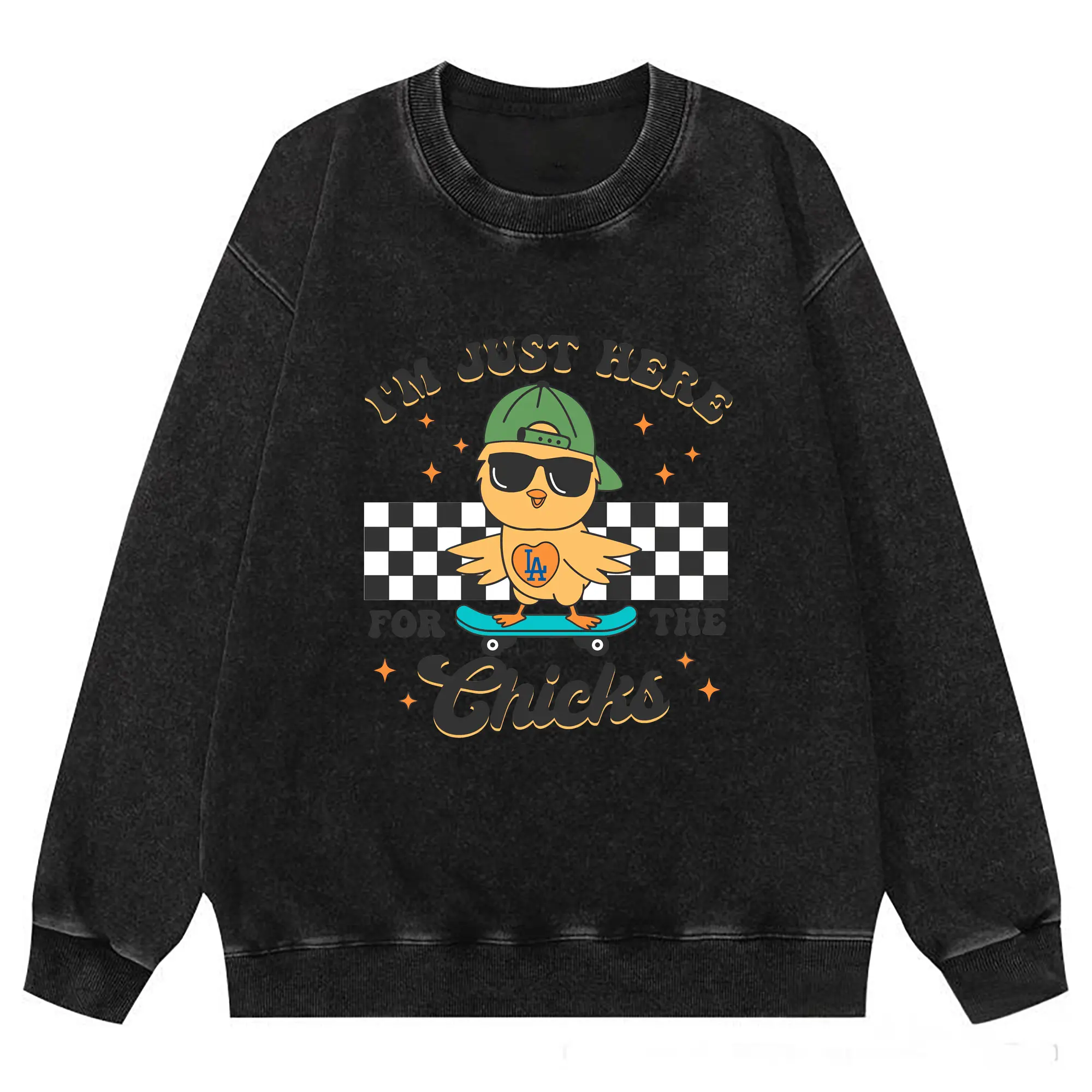Im Just Here For The Chicks Los Angeles Dodgers - Washed Wax-Dyed Vintage Crewneck Sweatshirt – 80% Cotton, 20% Polyester – Soft, Durable & Stylish – Ideal For Sports, Casual & Everyday Wear