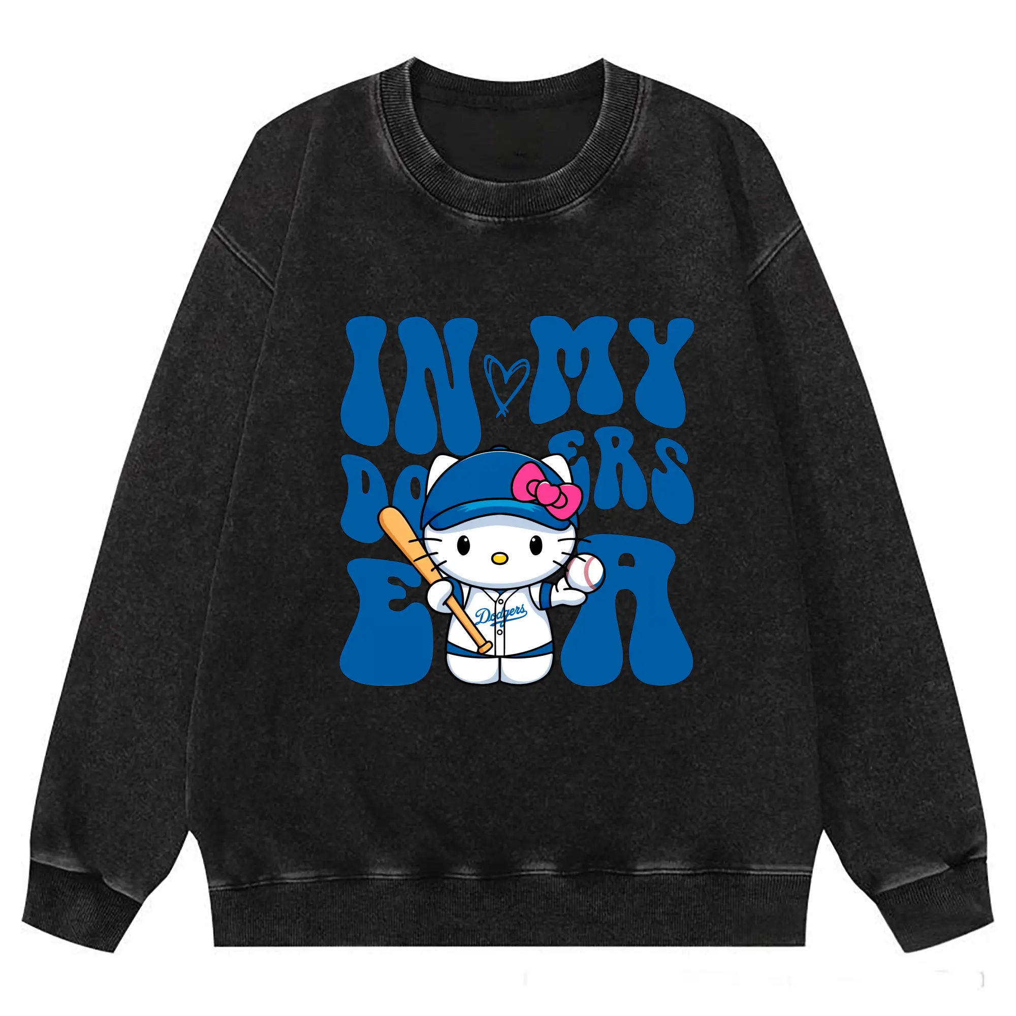In My Dodgers Era Hello Kitty Baseball - Washed Wax-Dyed Vintage Crewneck Sweatshirt – 80% Cotton, 20% Polyester – Soft, Durable & Stylish – Ideal For Sports, Casual & Everyday Wear