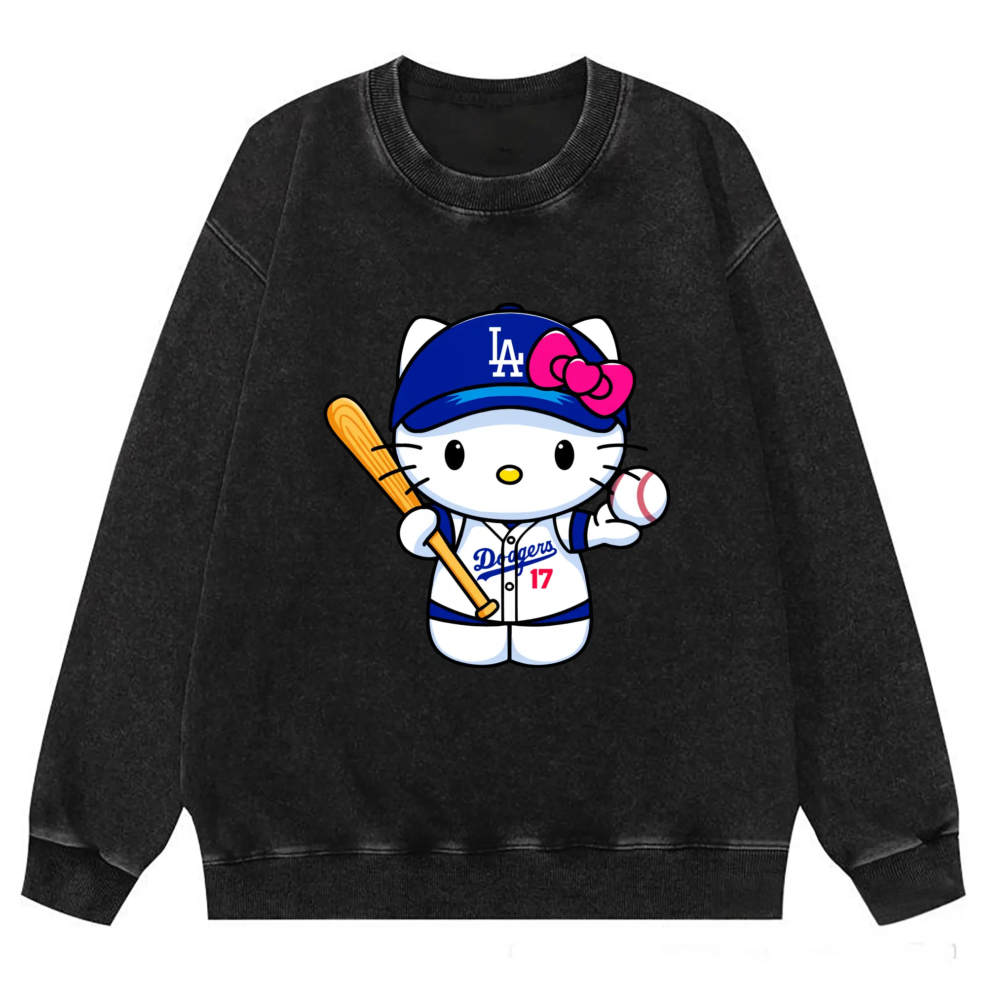 LA Dodgers Hello Kitty MLB Team - Washed Wax-Dyed Vintage Crewneck Sweatshirt – 80% Cotton, 20% Polyester – Soft, Durable & Stylish – Ideal For Sports, Casual & Everyday Wear