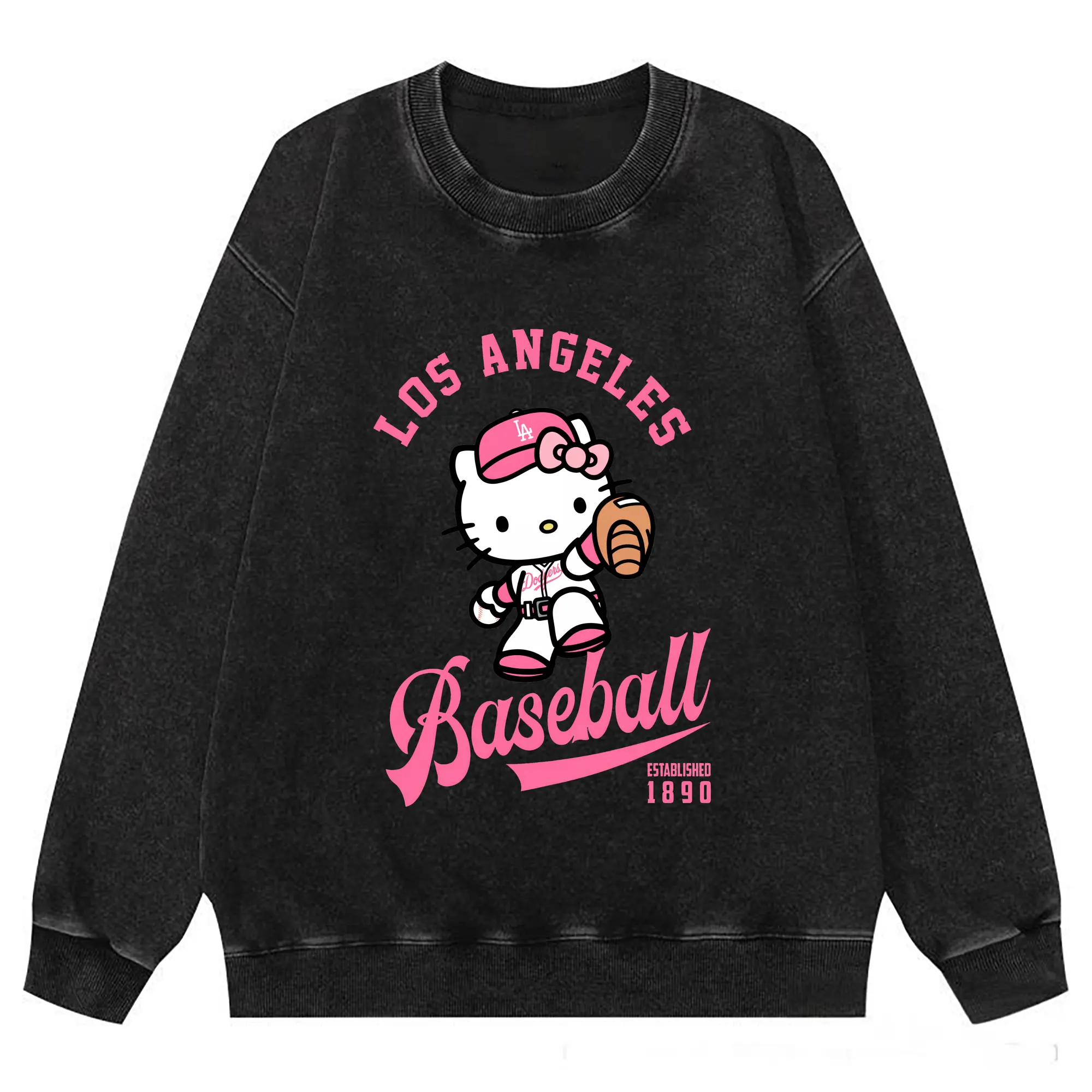 Los Angeles Baseball Hello Kitty - Washed Wax-Dyed Vintage Crewneck Sweatshirt – 80% Cotton, 20% Polyester – Soft, Durable & Stylish – Ideal For Sports, Casual & Everyday Wear