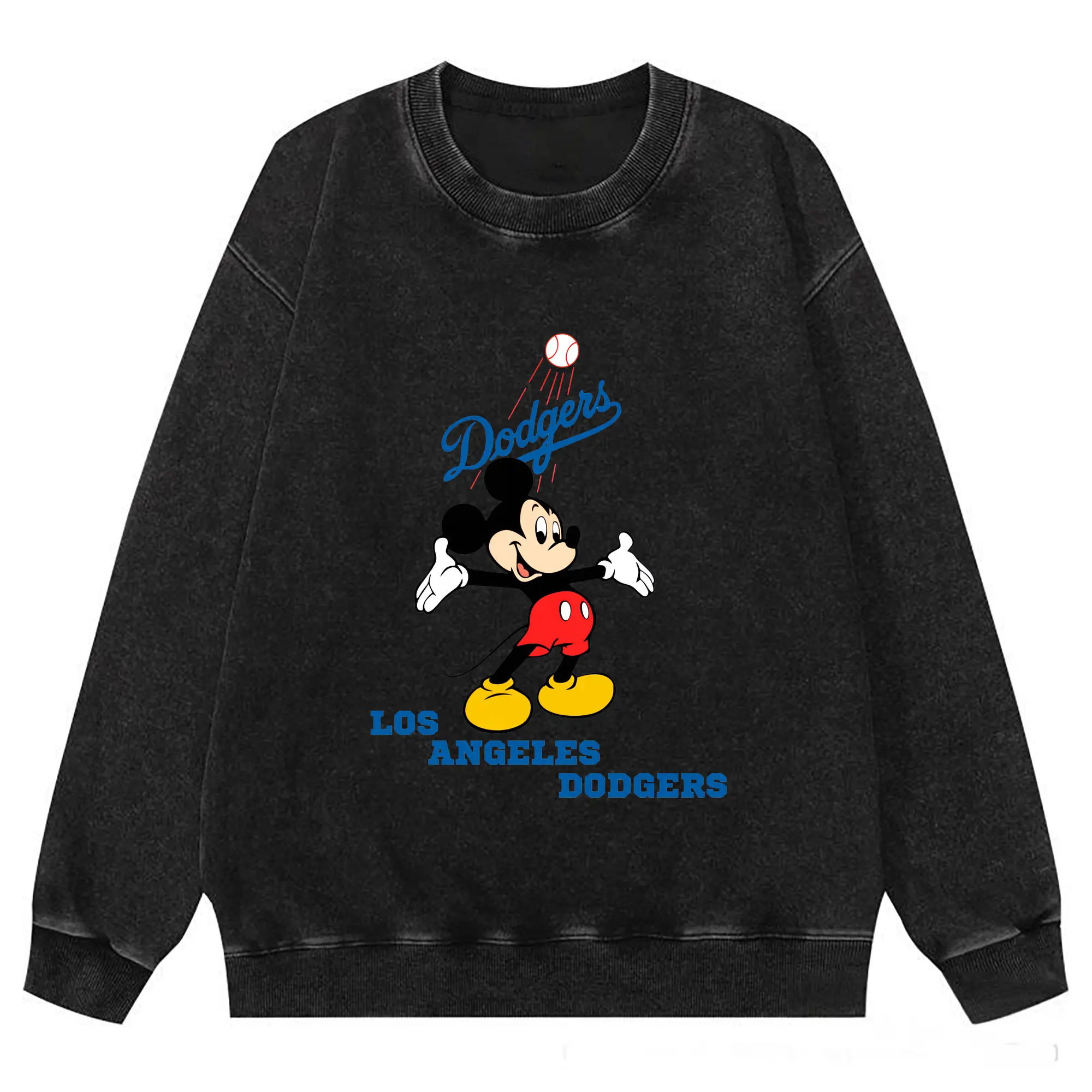 Los Angeles Dodgers Mickey Mouse Baseball - Washed Wax-Dyed Vintage Crewneck Sweatshirt – 80% Cotton, 20% Polyester – Soft, Durable & Stylish – Ideal For Sports, Casual & Everyday Wear